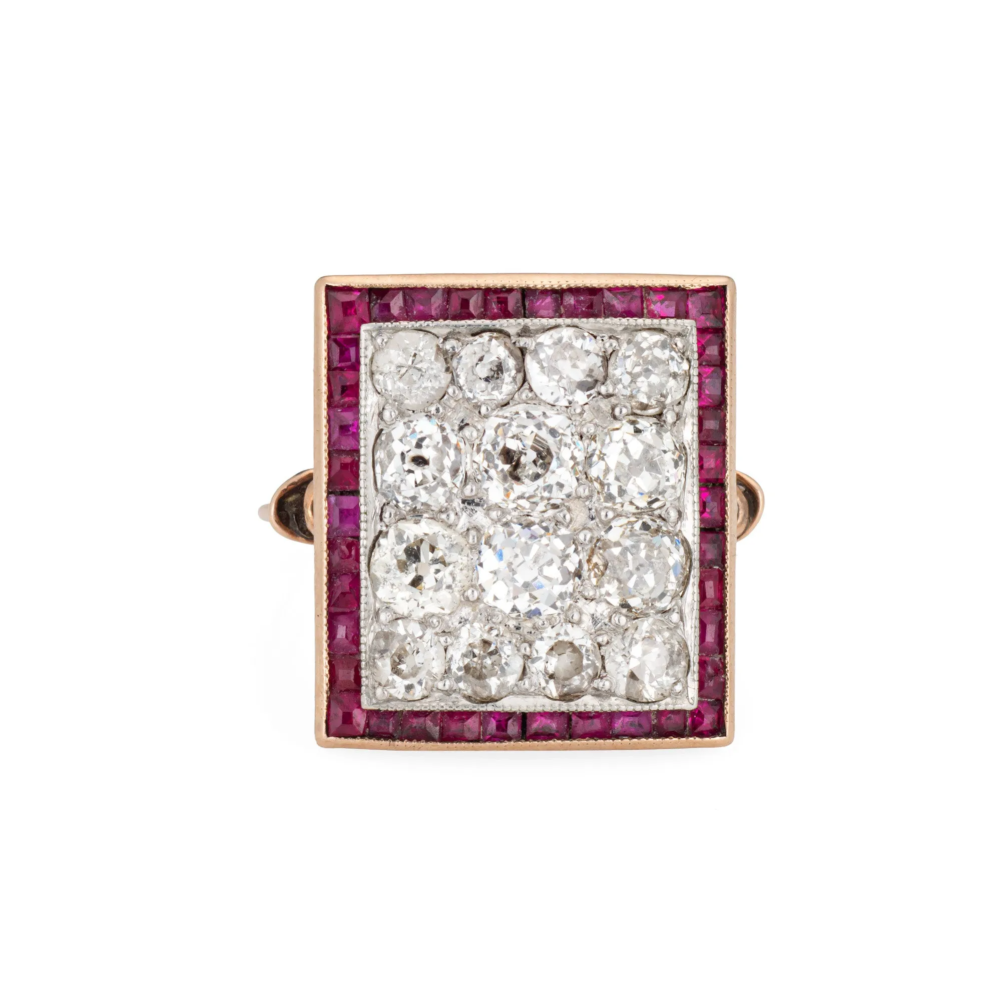 Art Deco 2.50ct Diamond Ruby Ring Cluster Vintage 14k Yellow Gold Square 6.75