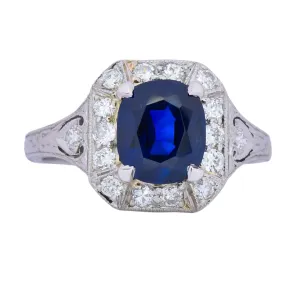 Art Deco 2.86 CTW No Heat Sapphire Diamond Platinum Ring AGL