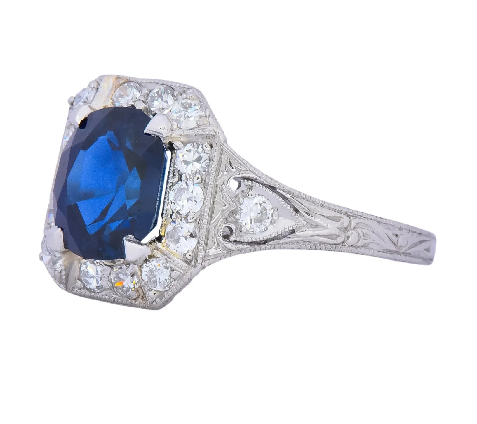Art Deco 2.86 CTW No Heat Sapphire Diamond Platinum Ring AGL