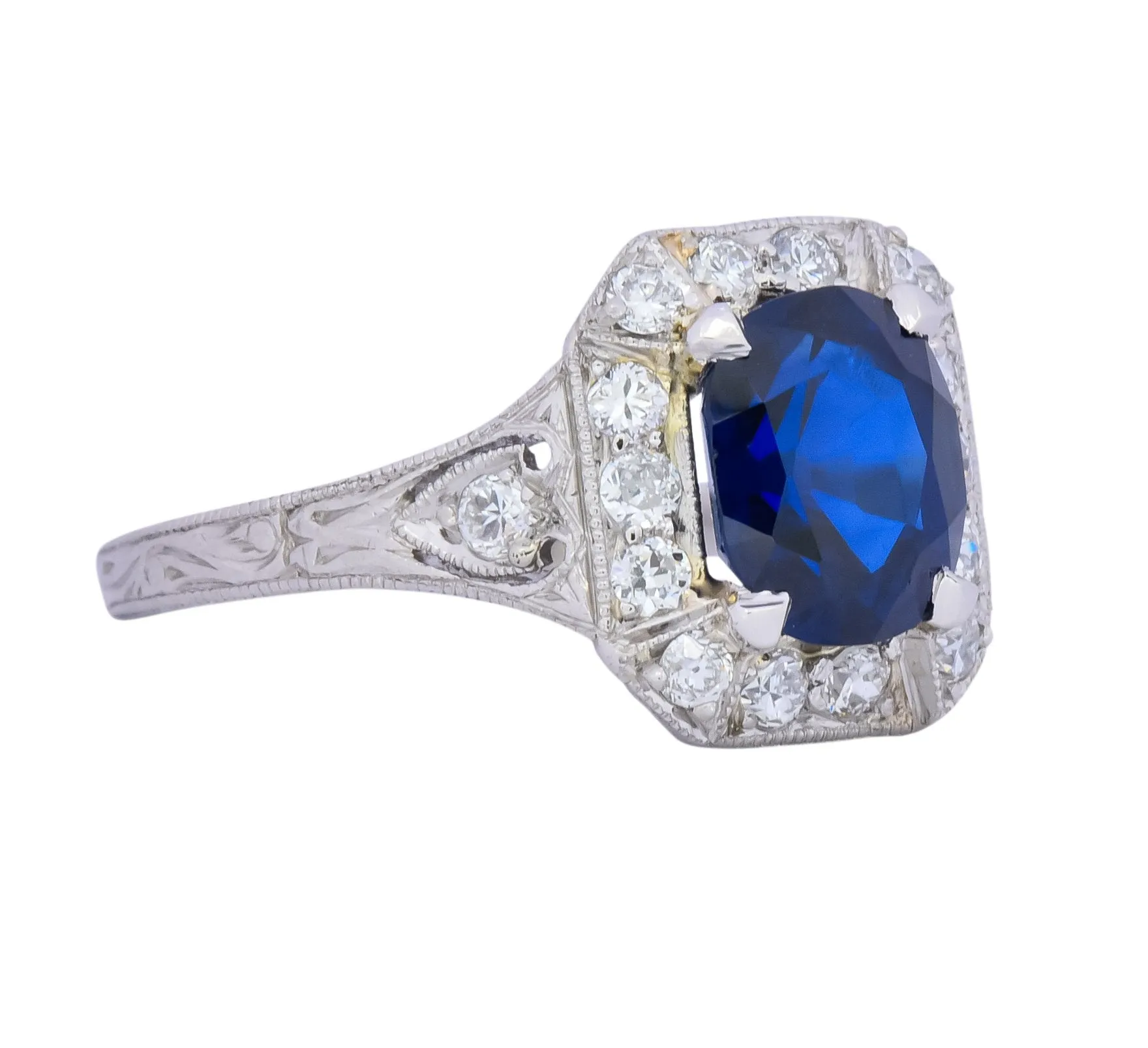 Art Deco 2.86 CTW No Heat Sapphire Diamond Platinum Ring AGL
