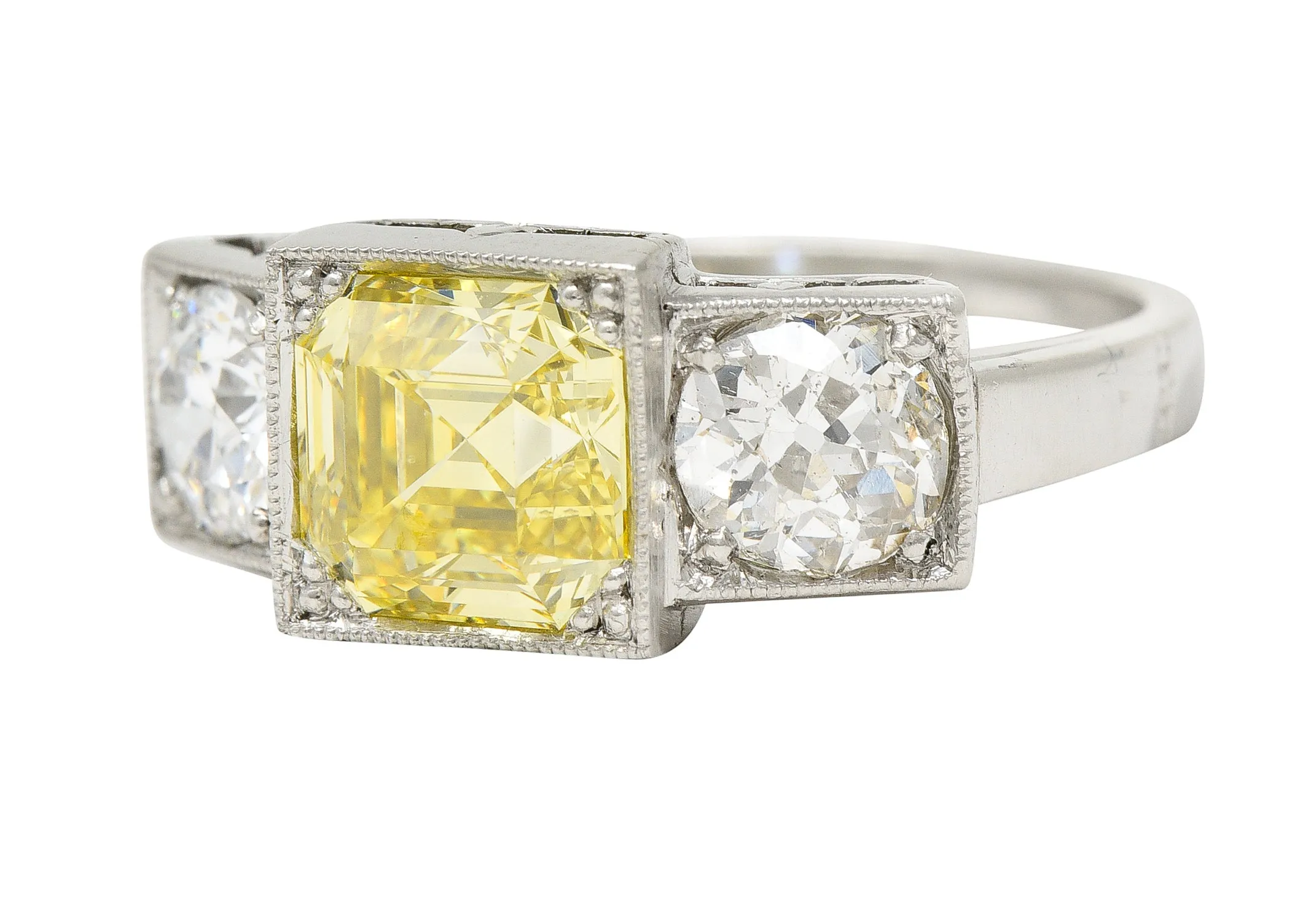 Art Deco 3.20 CTW Asscher Cut Fancy Intense Yellow & Old European Cut Diamond Platinum Foliate Vintage Ring GIA