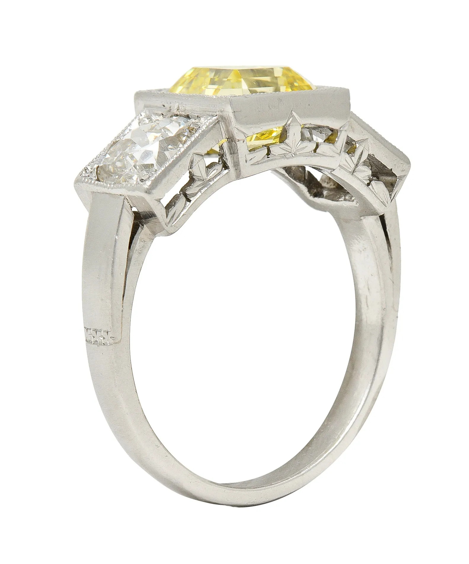 Art Deco 3.20 CTW Asscher Cut Fancy Intense Yellow & Old European Cut Diamond Platinum Foliate Vintage Ring GIA