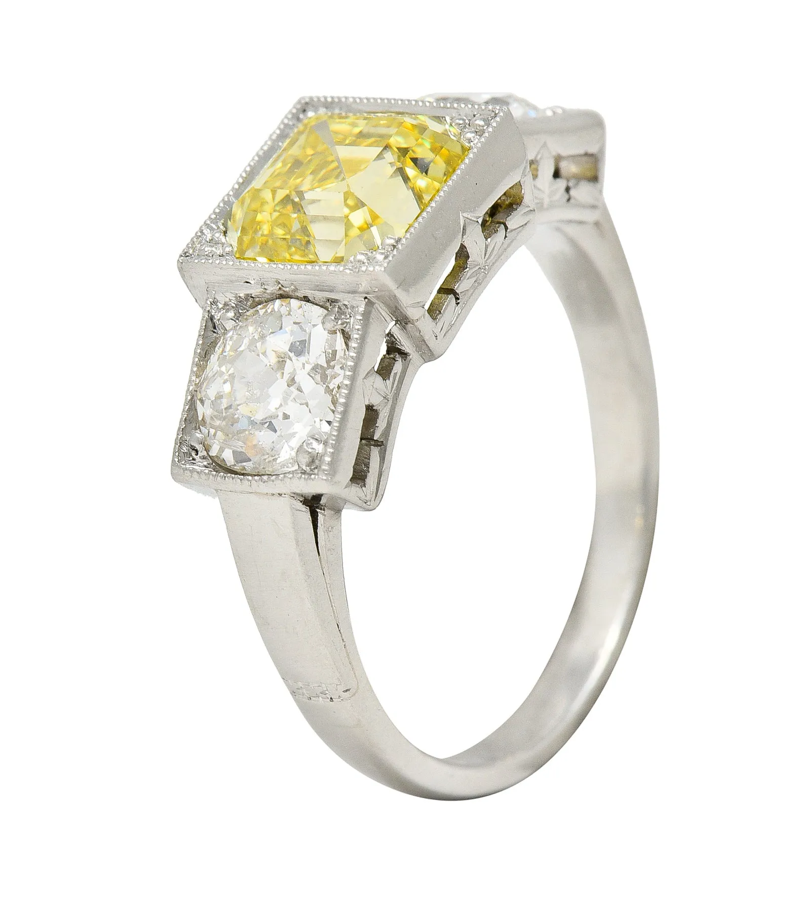 Art Deco 3.20 CTW Asscher Cut Fancy Intense Yellow & Old European Cut Diamond Platinum Foliate Vintage Ring GIA