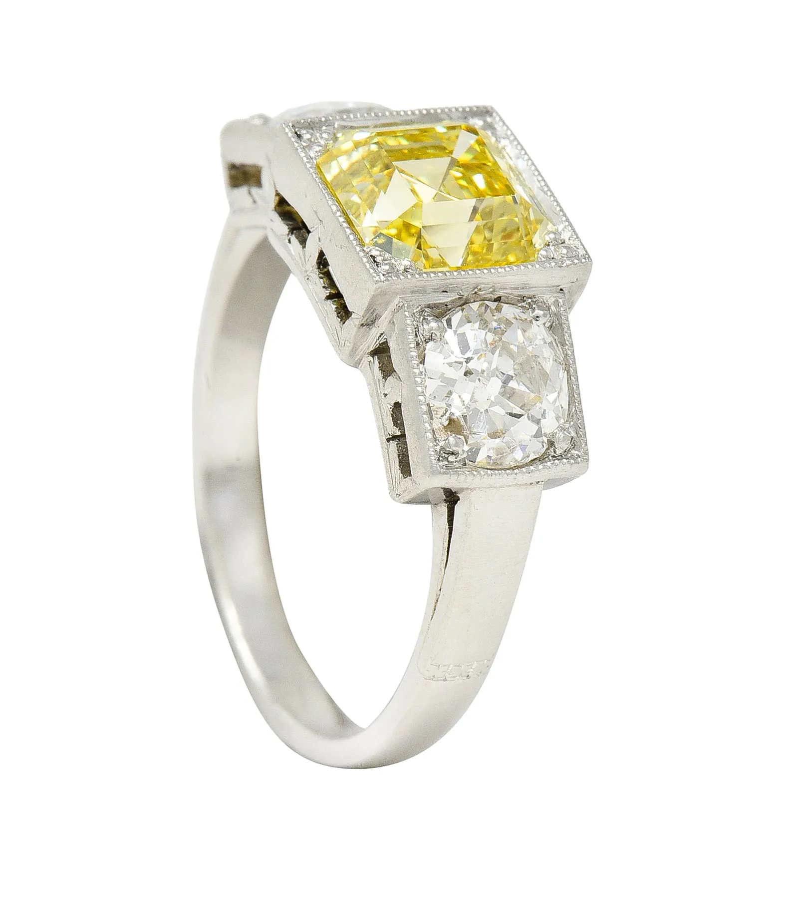 Art Deco 3.20 CTW Asscher Cut Fancy Intense Yellow & Old European Cut Diamond Platinum Foliate Vintage Ring GIA