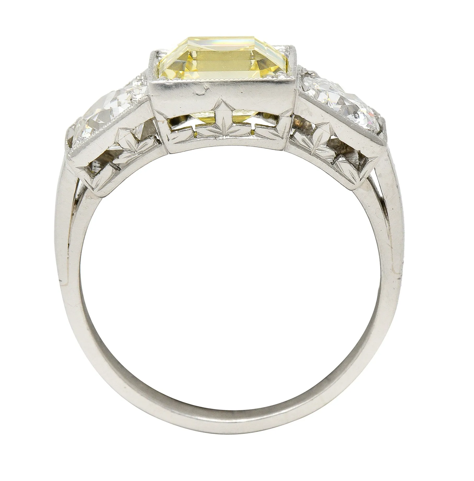 Art Deco 3.20 CTW Asscher Cut Fancy Intense Yellow & Old European Cut Diamond Platinum Foliate Vintage Ring GIA
