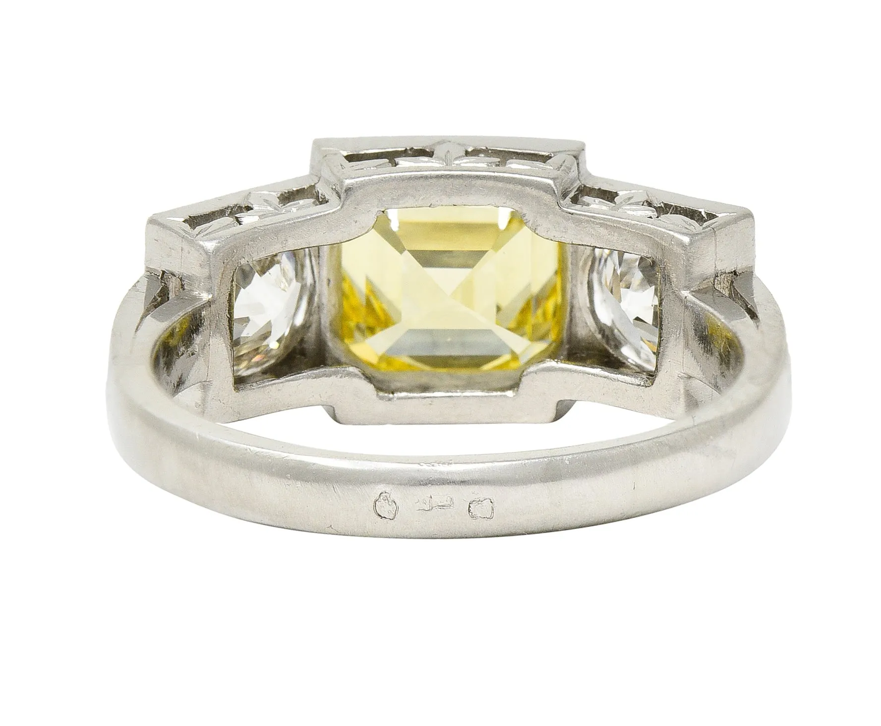 Art Deco 3.20 CTW Asscher Cut Fancy Intense Yellow & Old European Cut Diamond Platinum Foliate Vintage Ring GIA
