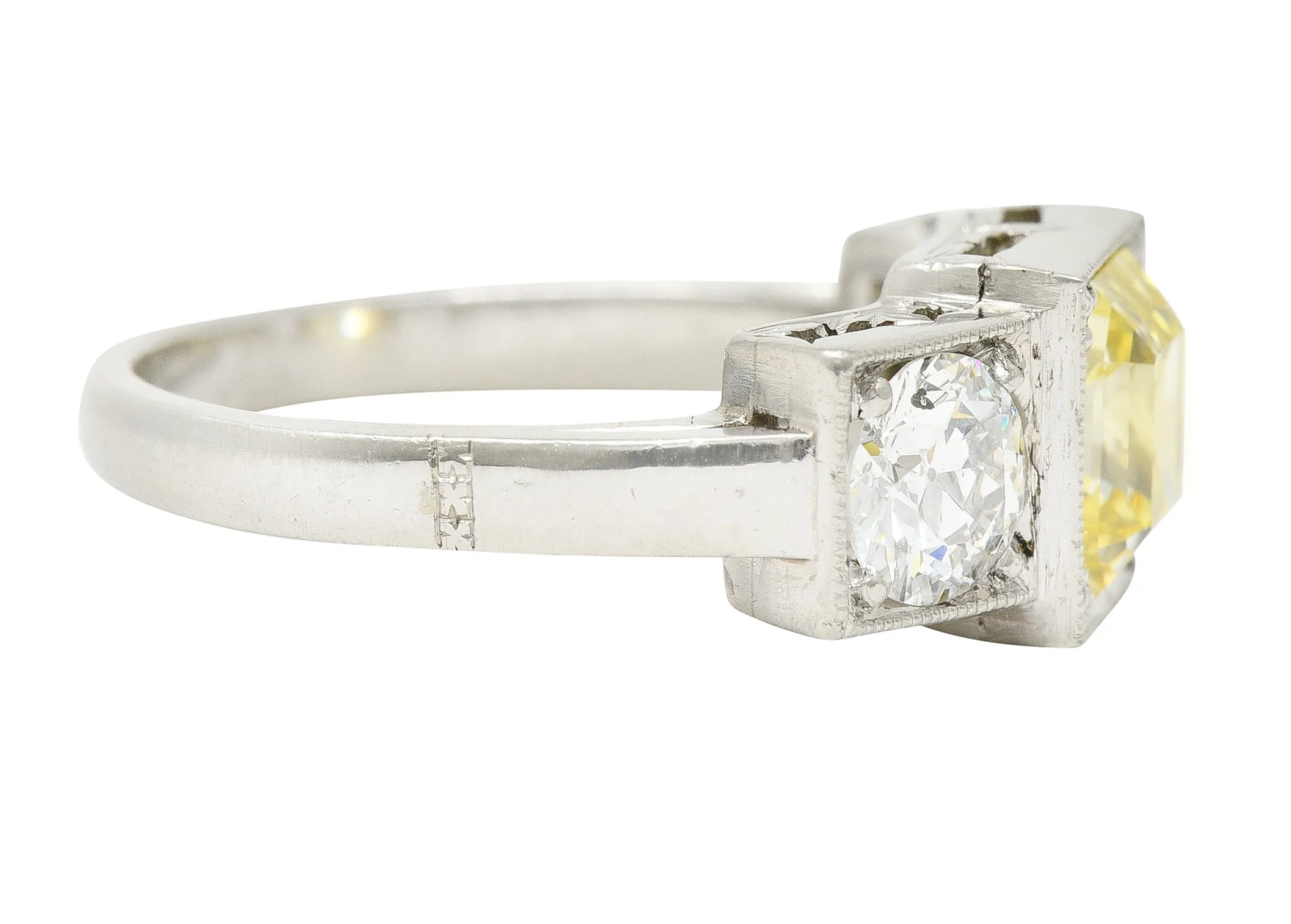 Art Deco 3.20 CTW Asscher Cut Fancy Intense Yellow & Old European Cut Diamond Platinum Foliate Vintage Ring GIA