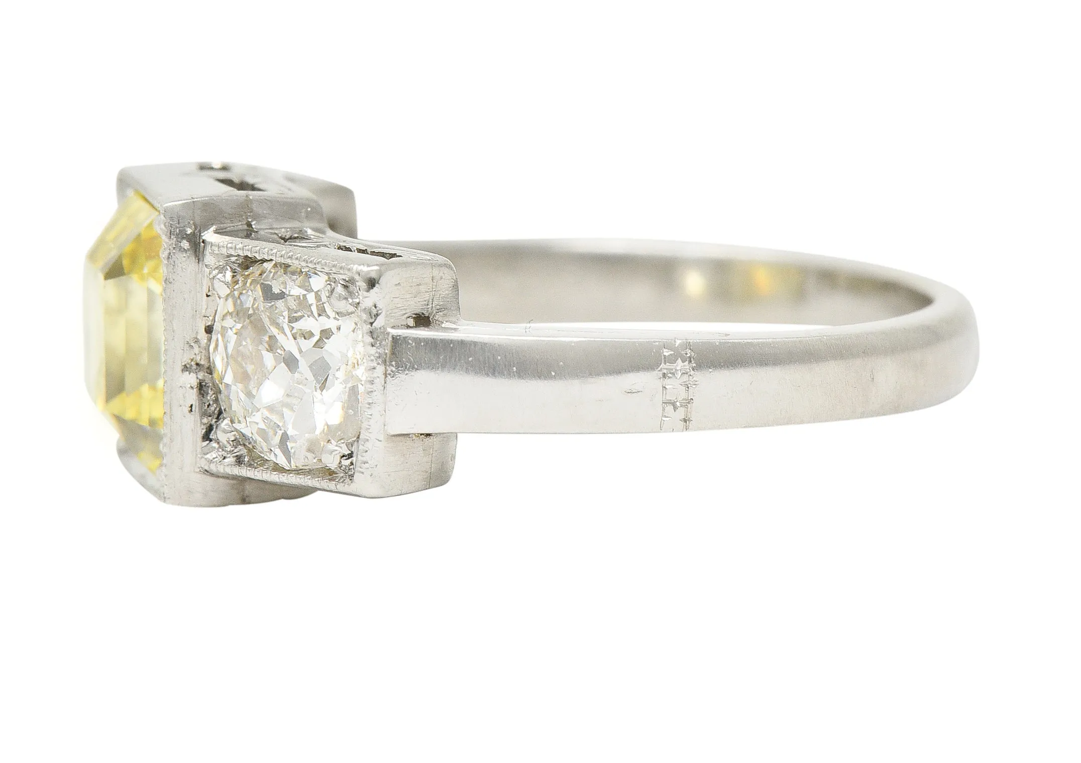 Art Deco 3.20 CTW Asscher Cut Fancy Intense Yellow & Old European Cut Diamond Platinum Foliate Vintage Ring GIA