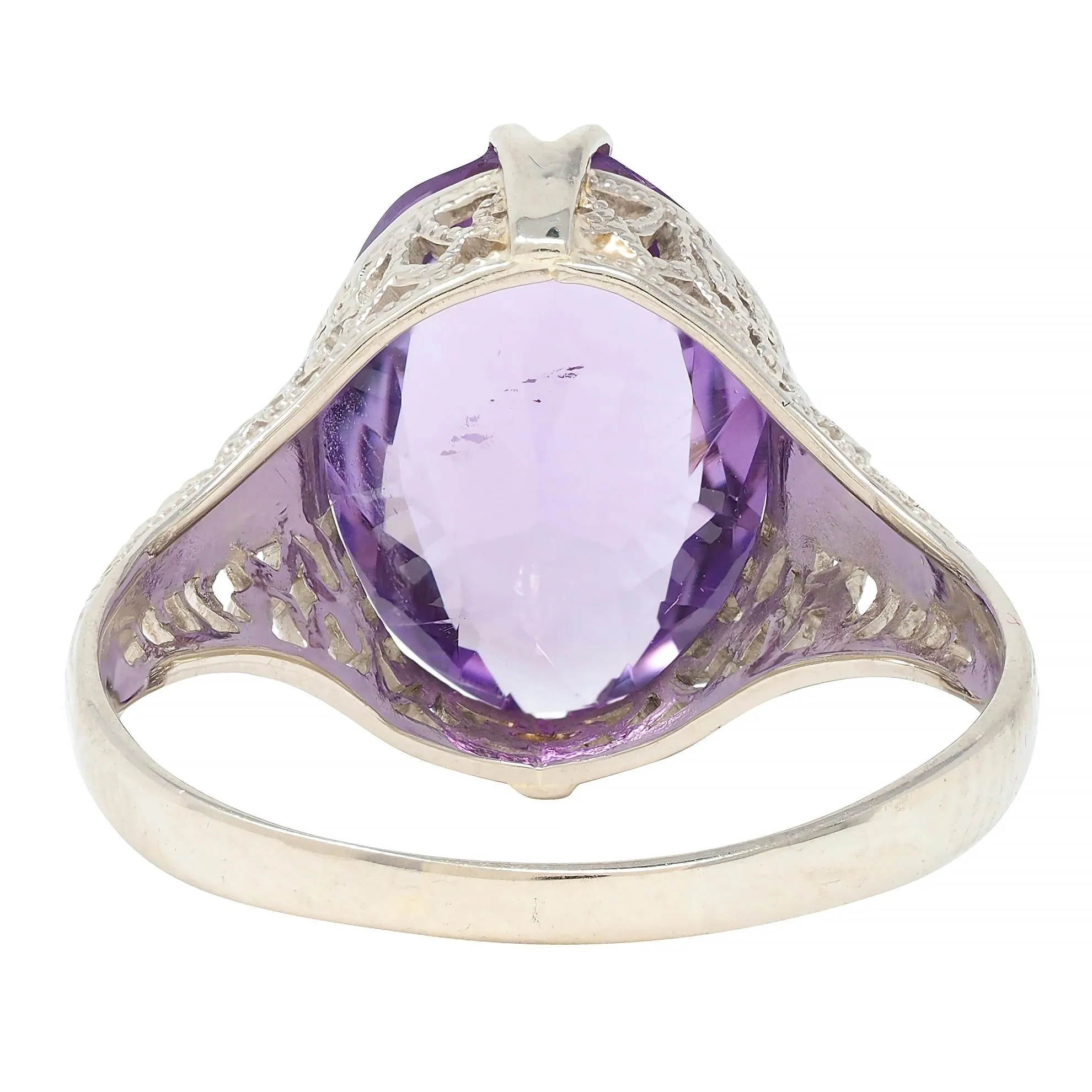 Art Deco Amethyst 14 Karat White Gold Foliate Filigree Vintage Ring