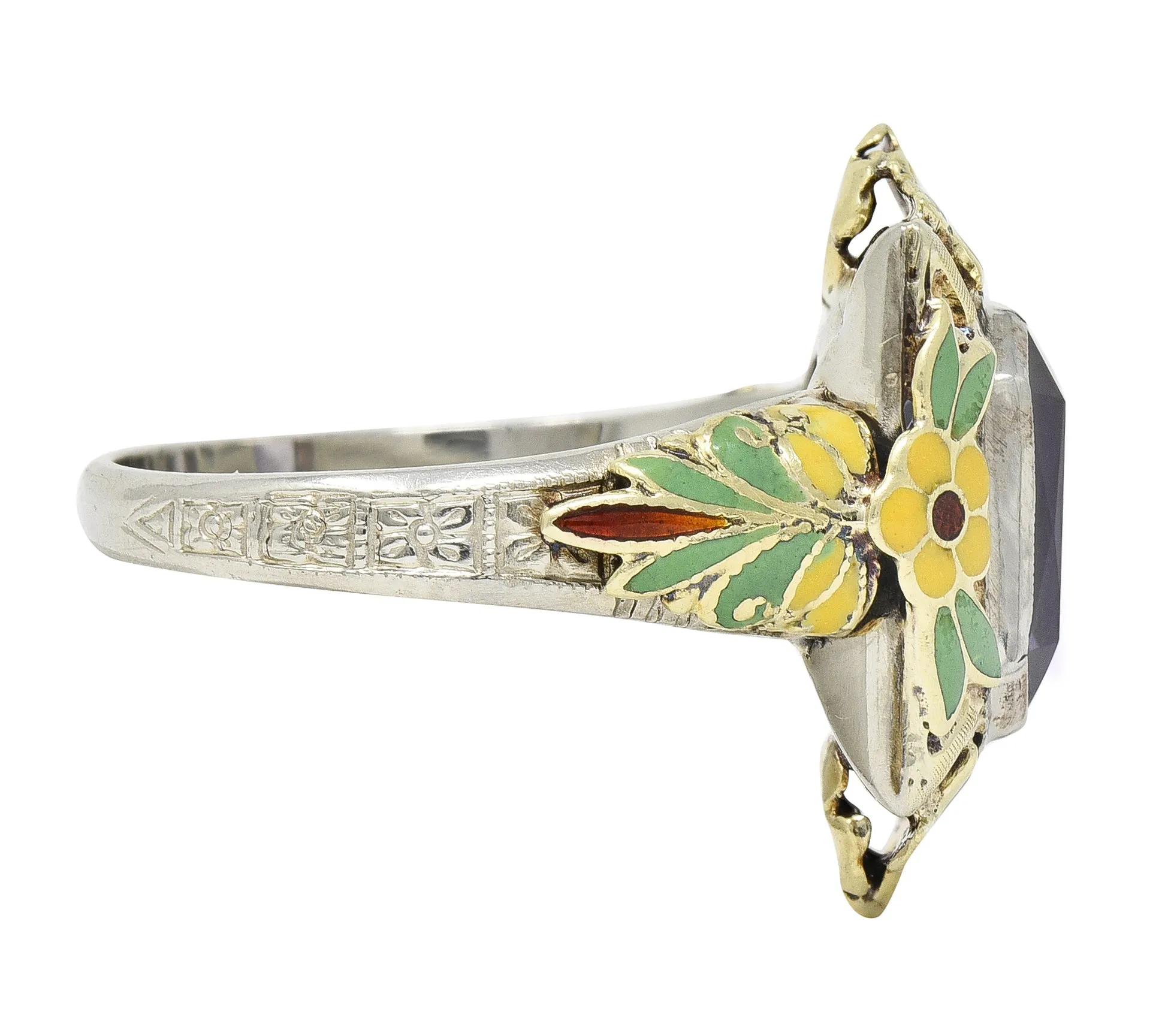 Art Deco Amethyst Enamel 14 Karat Two-Tone Gold Orange Blossom Vintage Ring