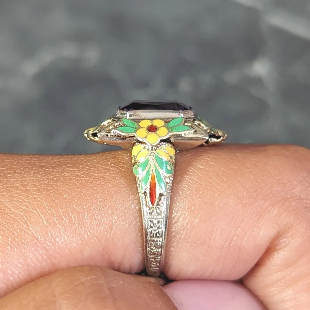 Art Deco Amethyst Enamel 14 Karat Two-Tone Gold Orange Blossom Vintage Ring