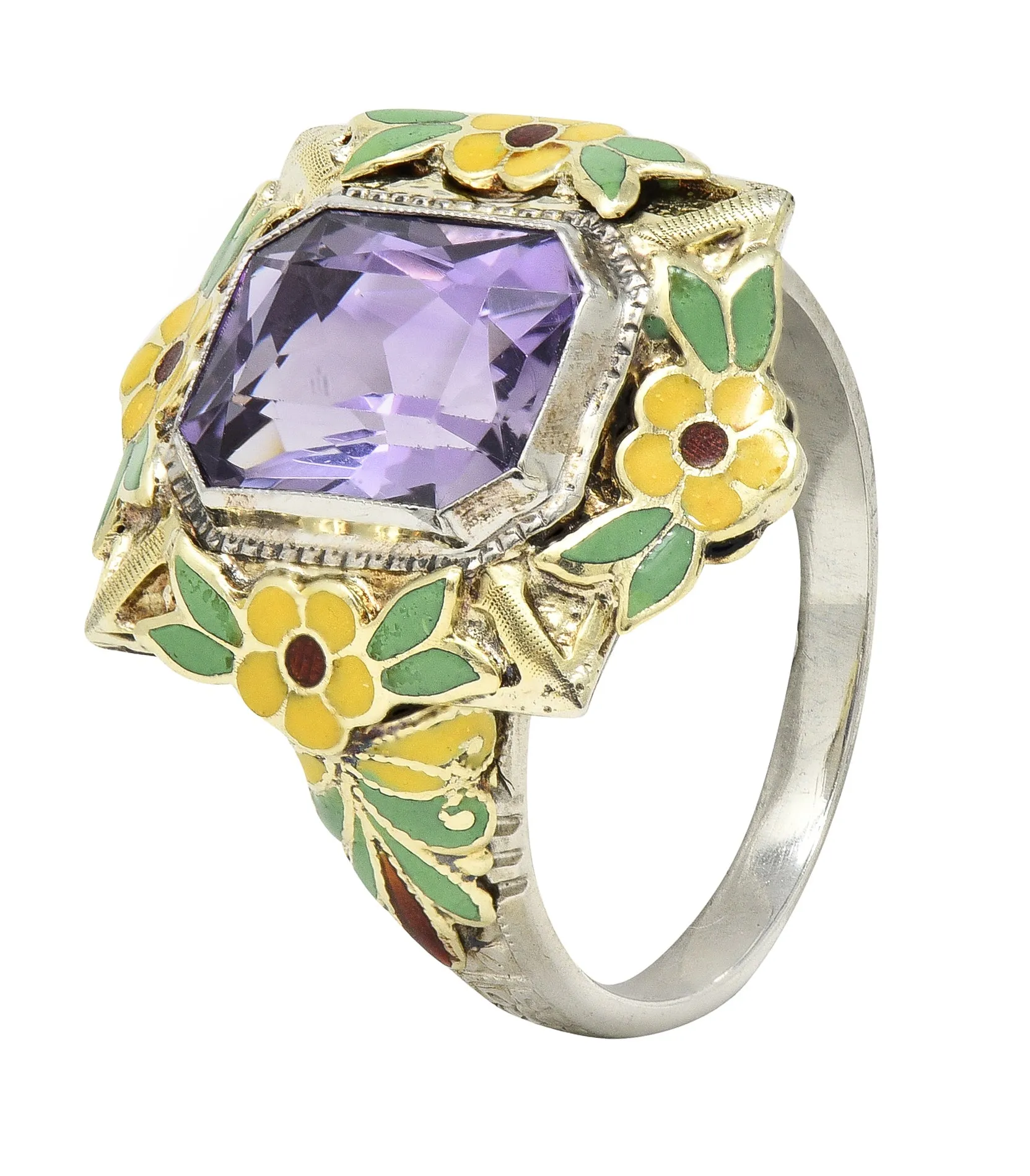 Art Deco Amethyst Enamel 14 Karat Two-Tone Gold Orange Blossom Vintage Ring