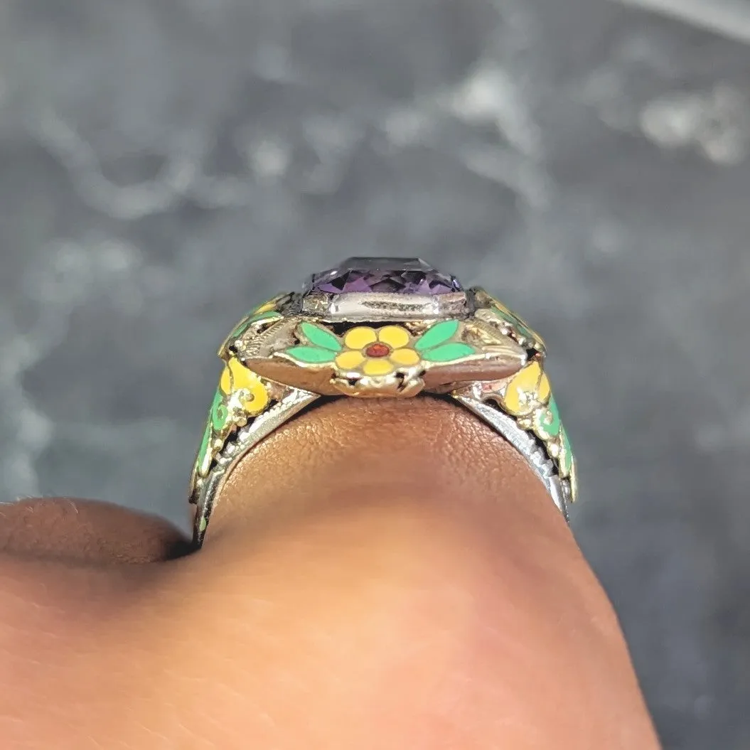 Art Deco Amethyst Enamel 14 Karat Two-Tone Gold Orange Blossom Vintage Ring