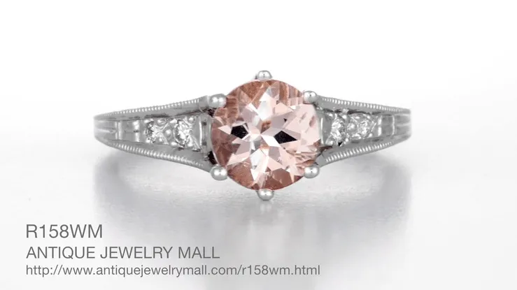 Art Deco Antique Style Morganite and Diamond Filigree Engagement Ring in 14 Karat White Gold