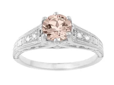 Art Deco Antique Style Morganite and Diamond Filigree Engagement Ring in 14 Karat White Gold
