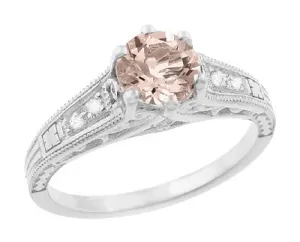 Art Deco Antique Style Morganite and Diamond Filigree Engagement Ring in 14 Karat White Gold
