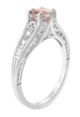 Art Deco Antique Style Morganite and Diamond Filigree Engagement Ring in 14 Karat White Gold