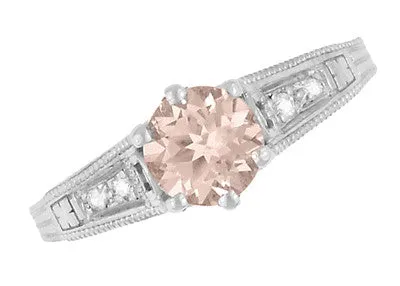 Art Deco Antique Style Morganite and Diamond Filigree Engagement Ring in 14 Karat White Gold