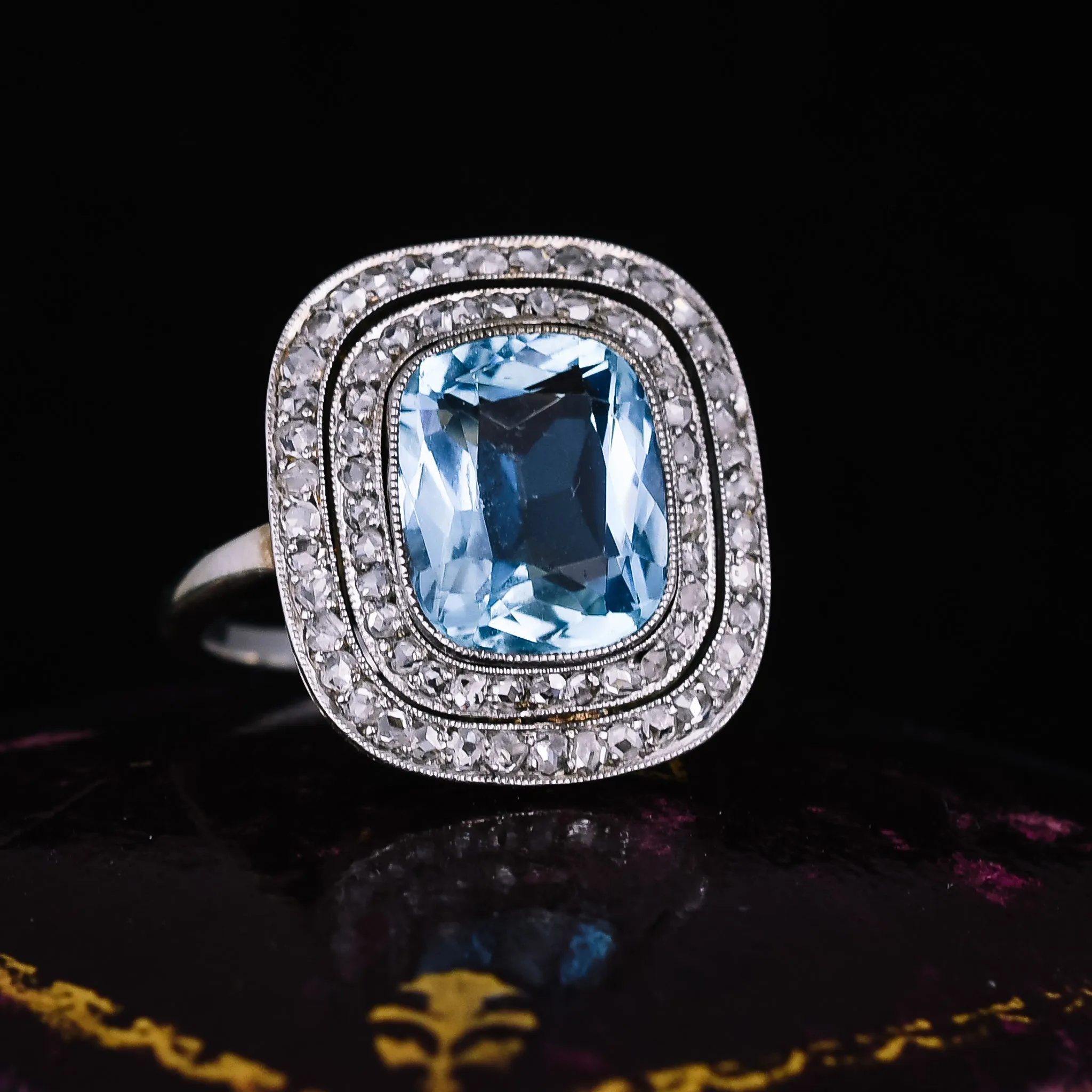 Art Deco Aquamarine & Diamond Cocktail Ring