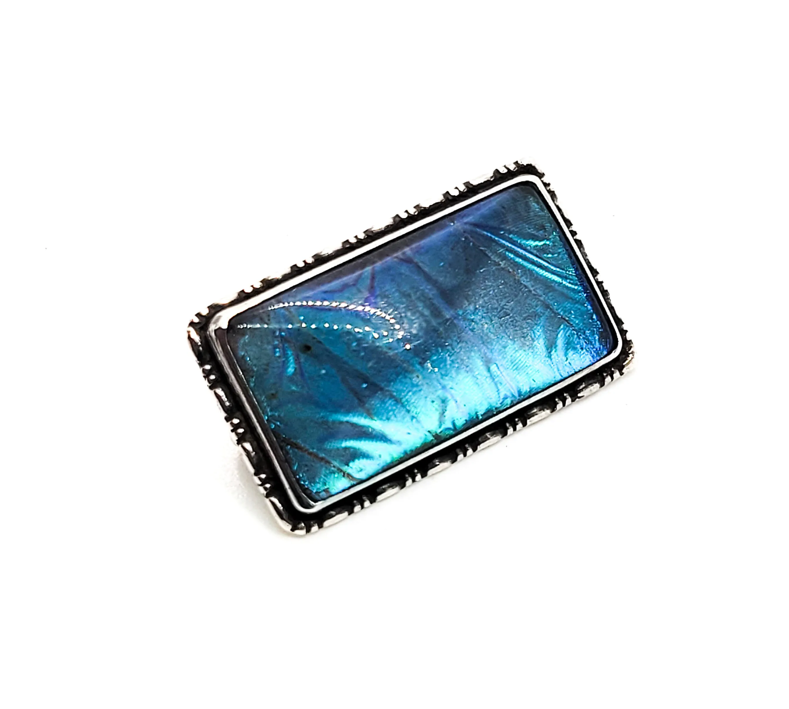 Art Deco Blue Morpho Butterfly wing sterling silver brooch made in England