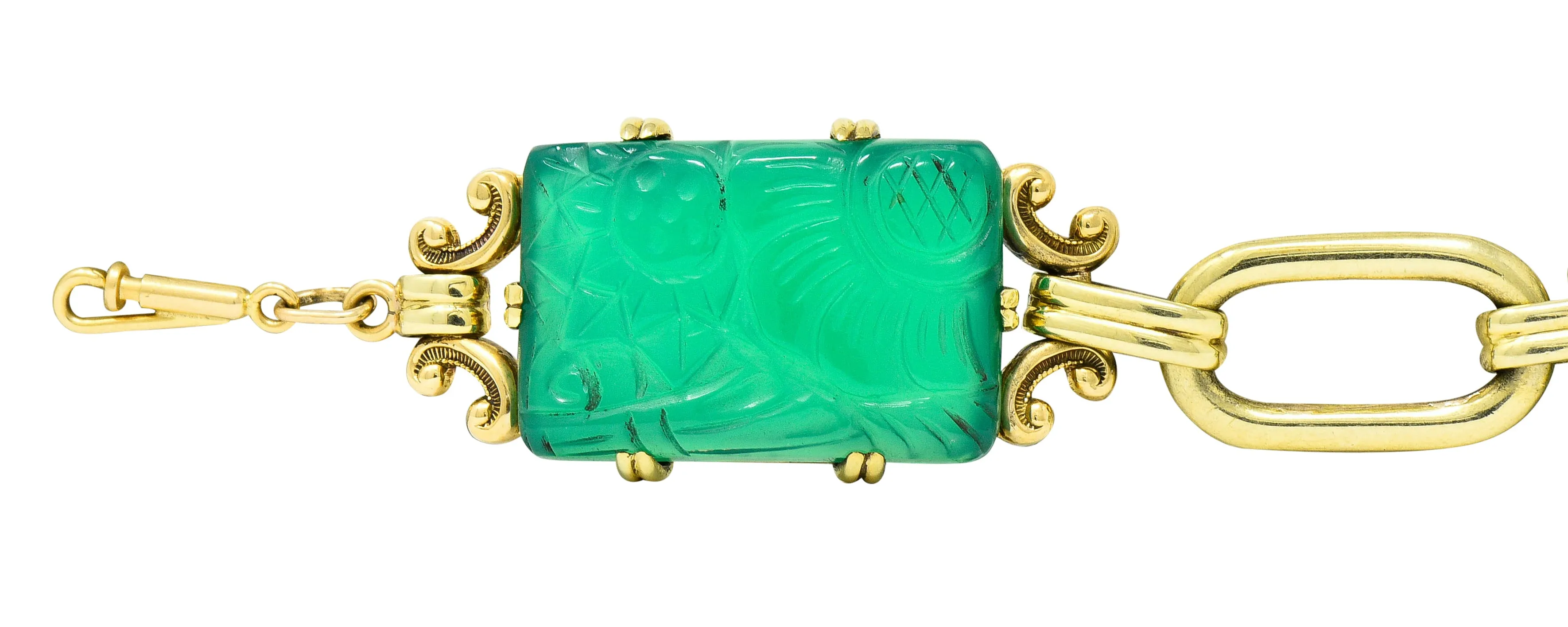 Art Deco Carved Chrysoprase 14 Karat Gold Link Bracelet Circa 1930
