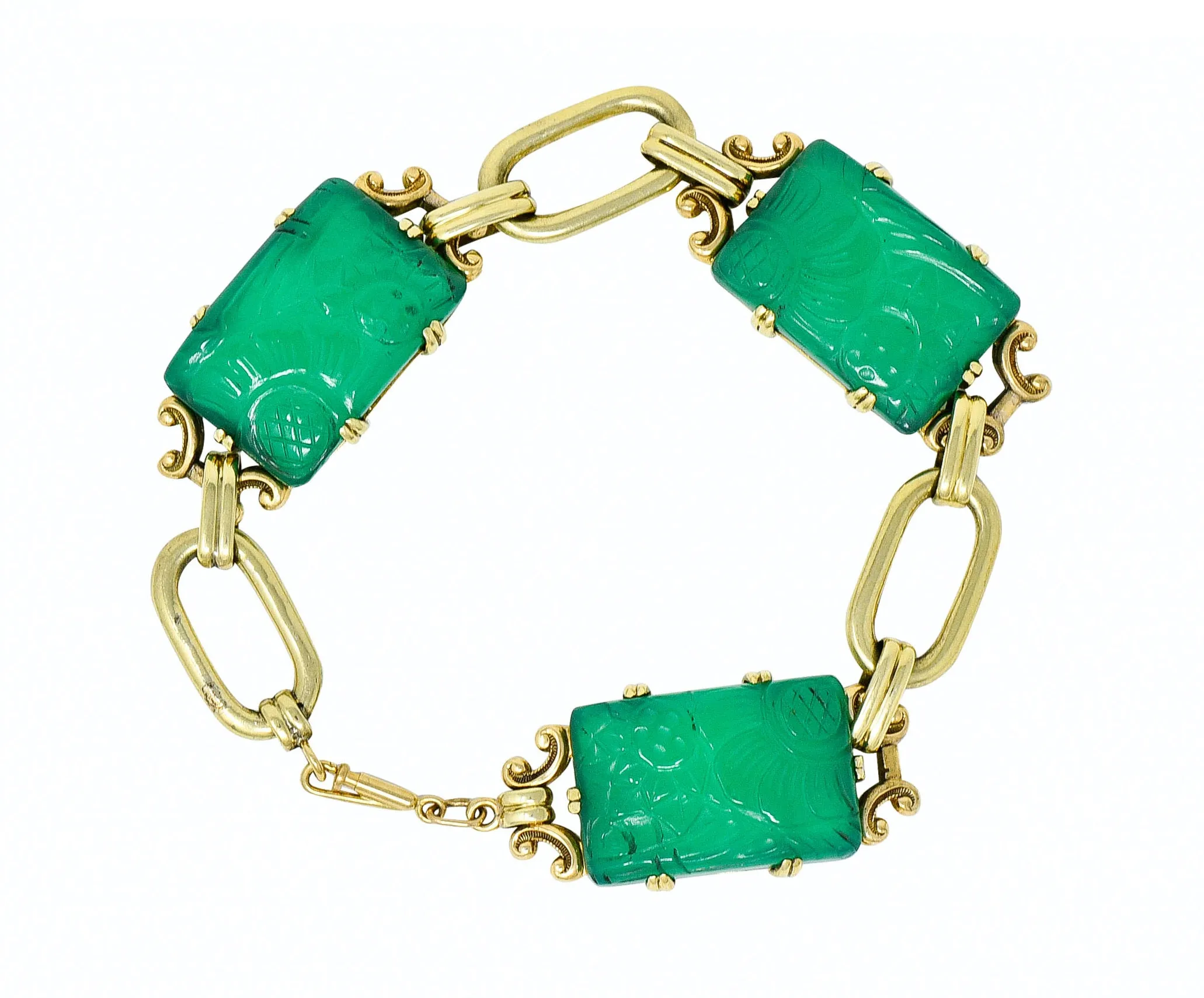 Art Deco Carved Chrysoprase 14 Karat Gold Link Bracelet Circa 1930