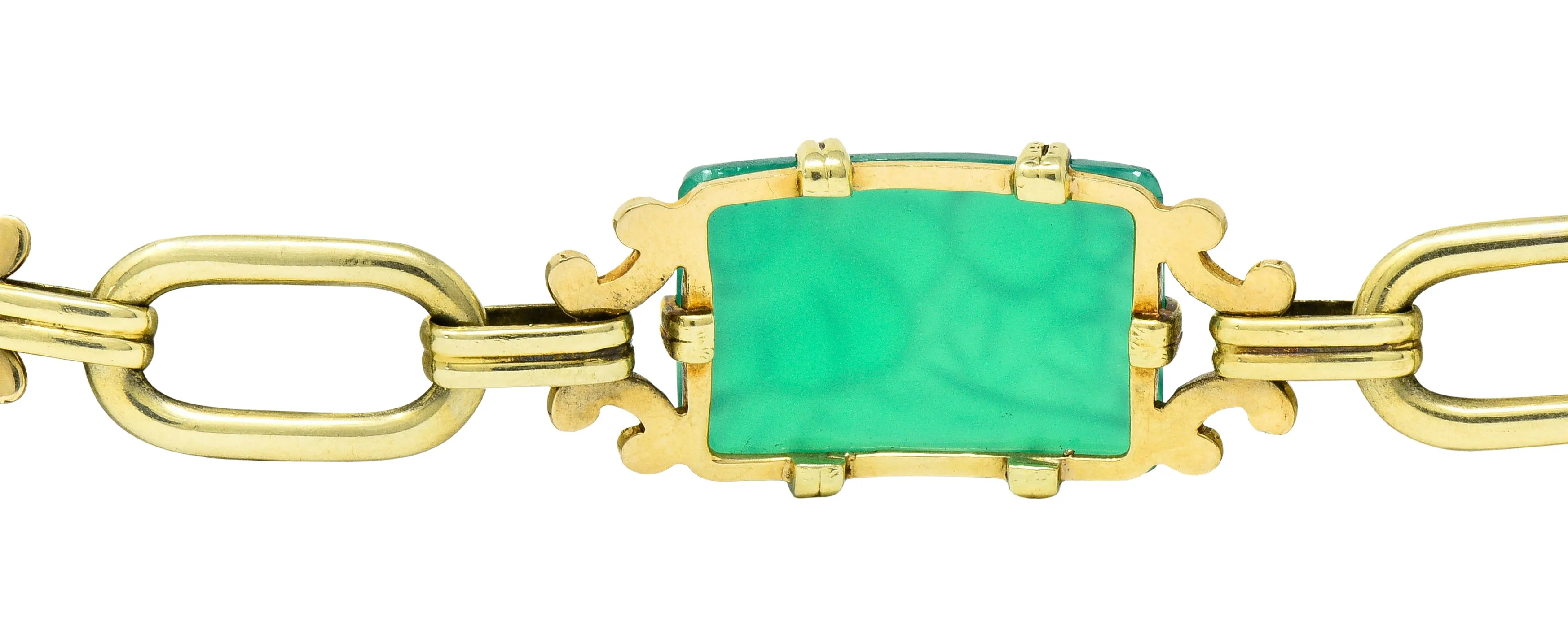 Art Deco Carved Chrysoprase 14 Karat Gold Link Bracelet Circa 1930
