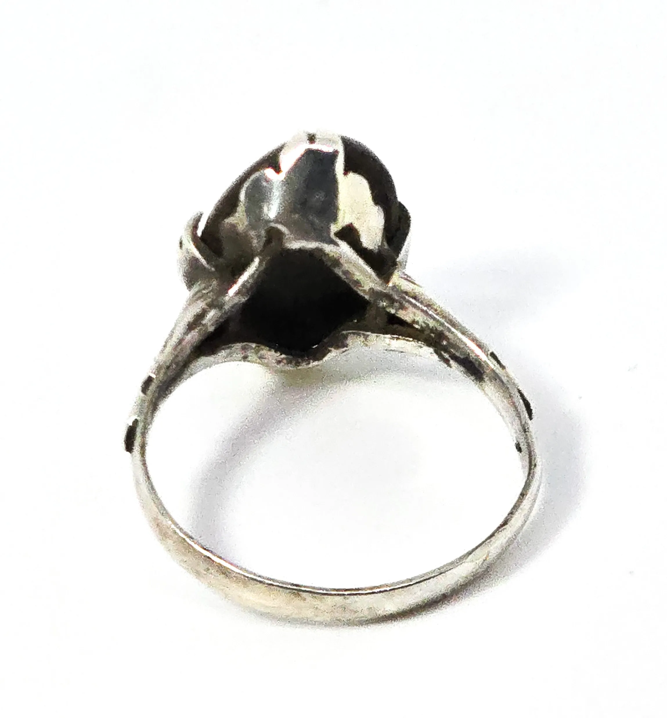 Art Deco Cat's eye tourmaline gemstone prong set antique sterling silver ring size 7.5