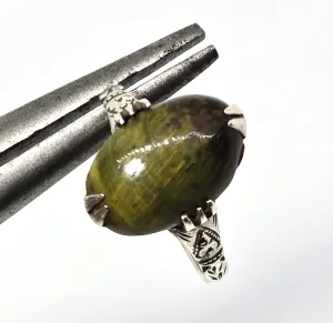 Art Deco Cat's eye tourmaline gemstone prong set antique sterling silver ring size 7.5