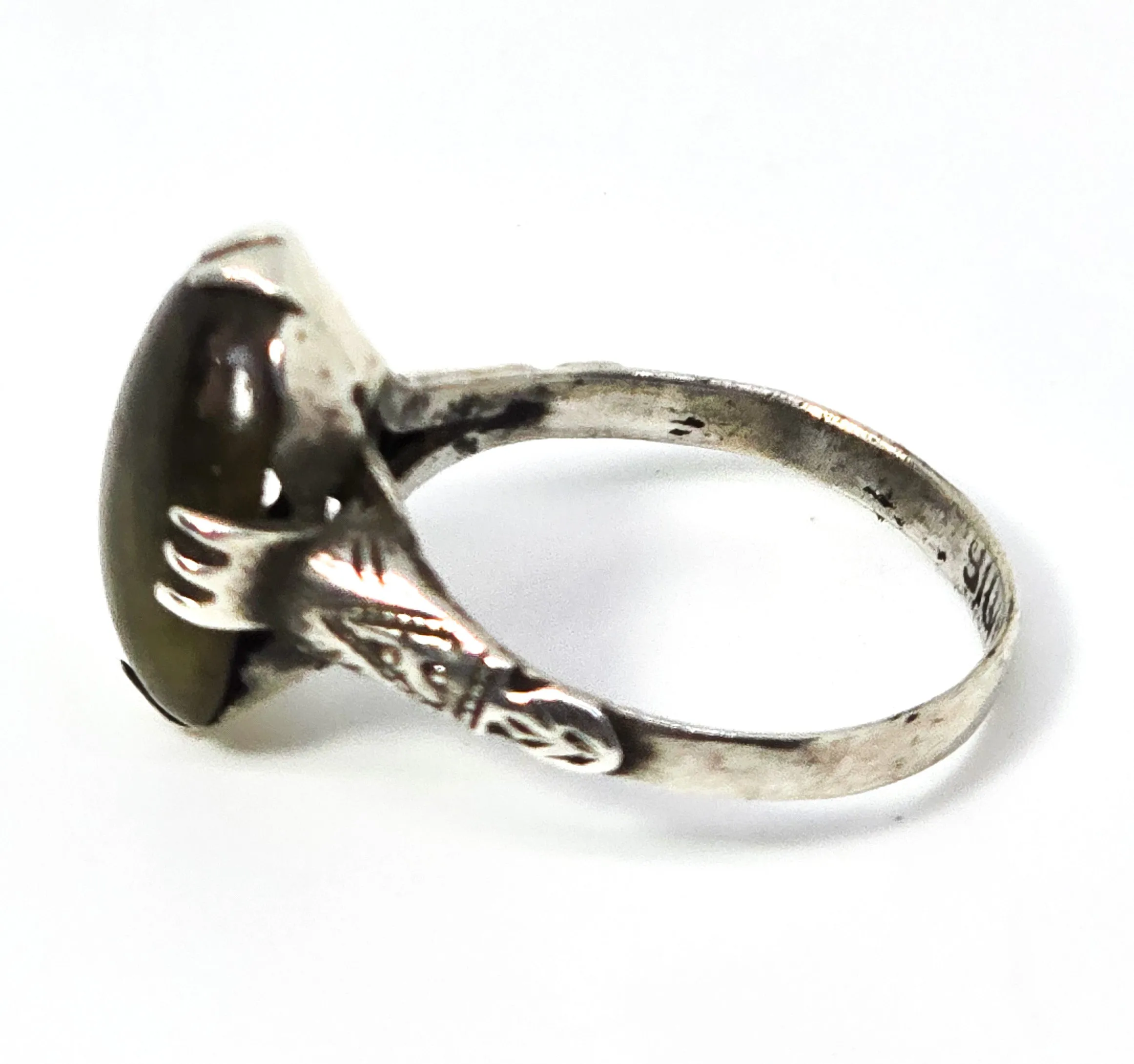 Art Deco Cat's eye tourmaline gemstone prong set antique sterling silver ring size 7.5
