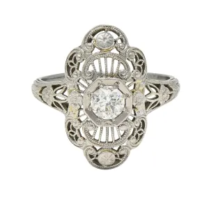 Art Deco Diamond 18 Karat White Gold Vintage Scrolling Orange Blossom Dinner Ring