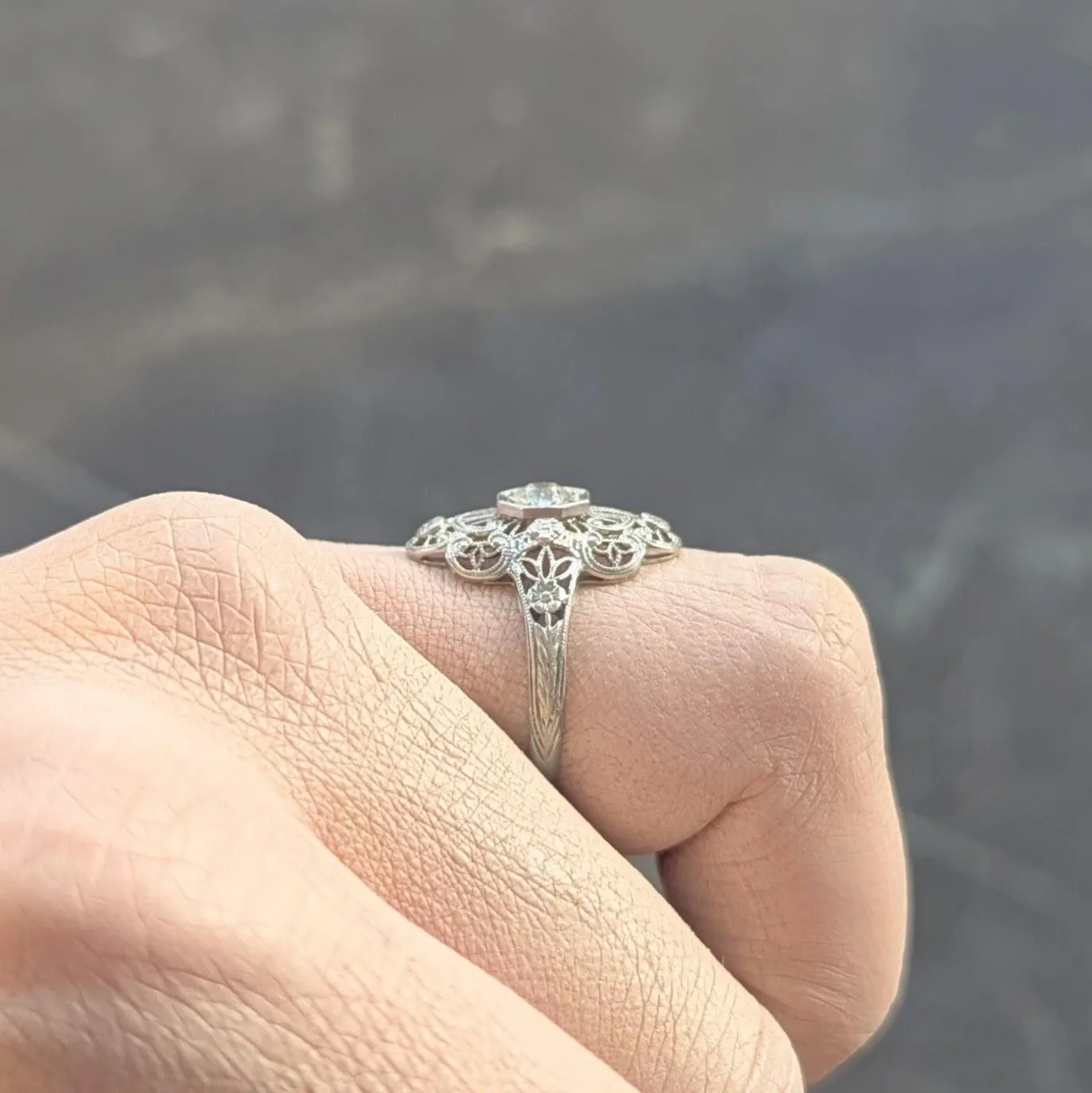 Art Deco Diamond 18 Karat White Gold Vintage Scrolling Orange Blossom Dinner Ring