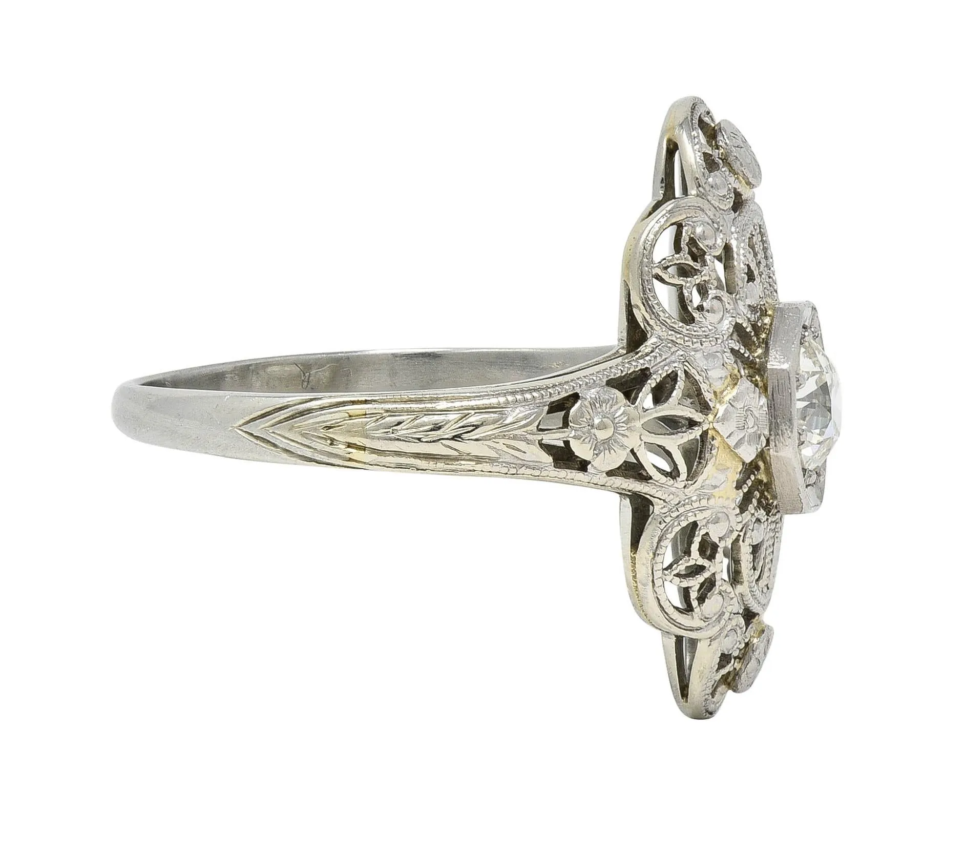 Art Deco Diamond 18 Karat White Gold Vintage Scrolling Orange Blossom Dinner Ring