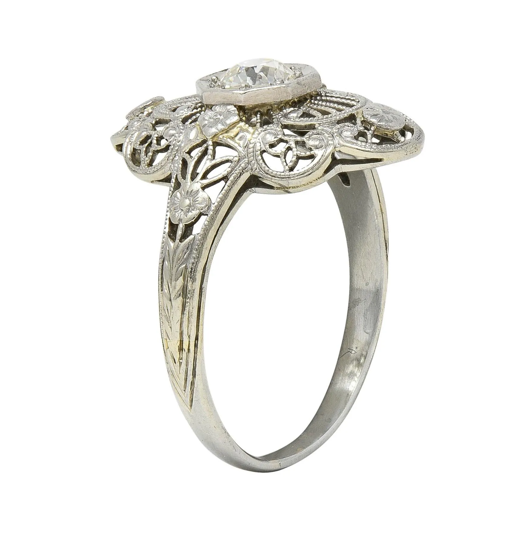 Art Deco Diamond 18 Karat White Gold Vintage Scrolling Orange Blossom Dinner Ring