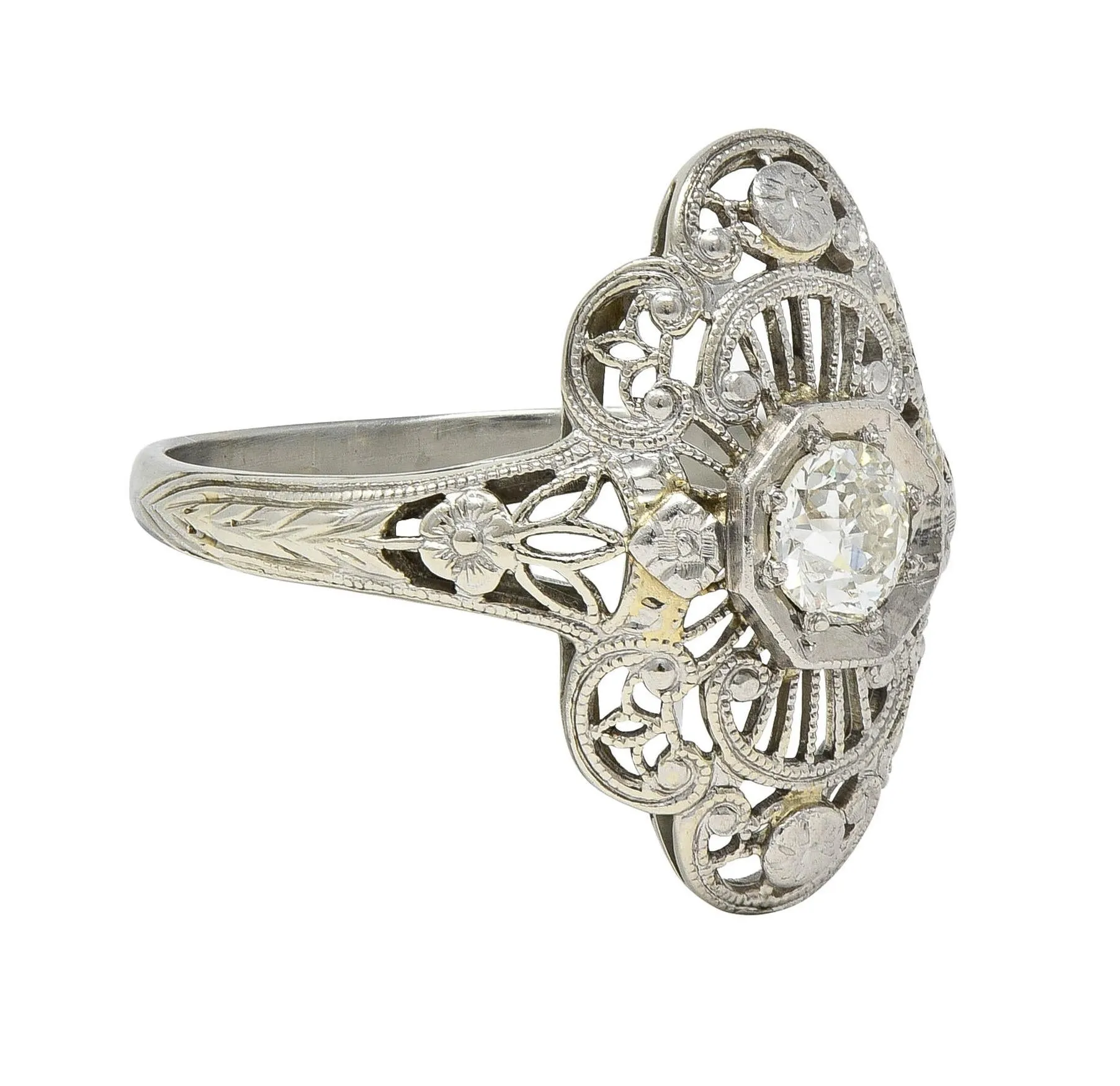 Art Deco Diamond 18 Karat White Gold Vintage Scrolling Orange Blossom Dinner Ring
