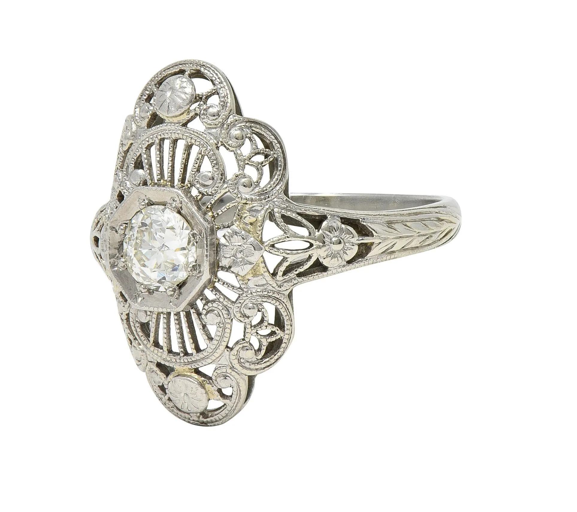 Art Deco Diamond 18 Karat White Gold Vintage Scrolling Orange Blossom Dinner Ring