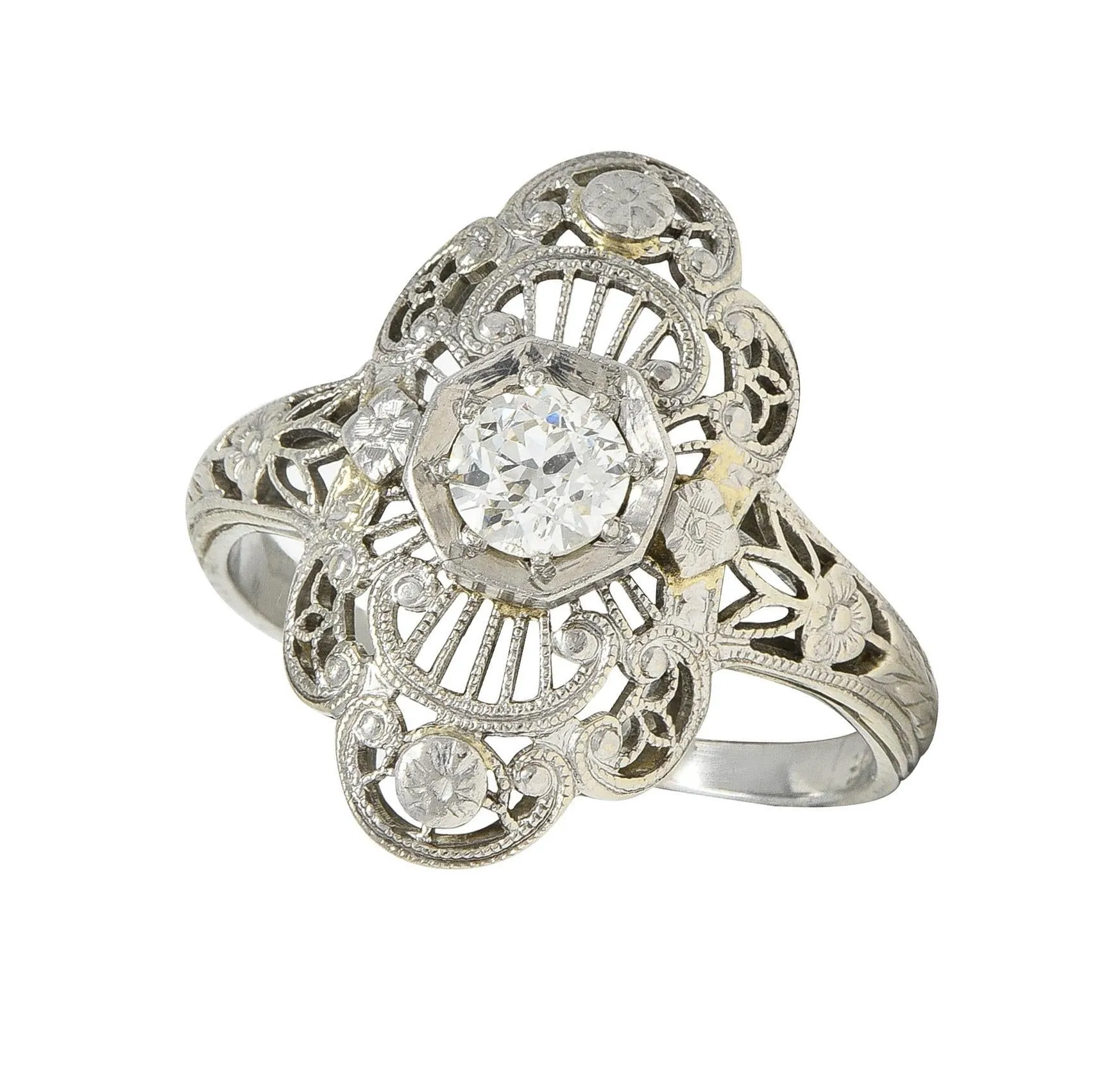 Art Deco Diamond 18 Karat White Gold Vintage Scrolling Orange Blossom Dinner Ring