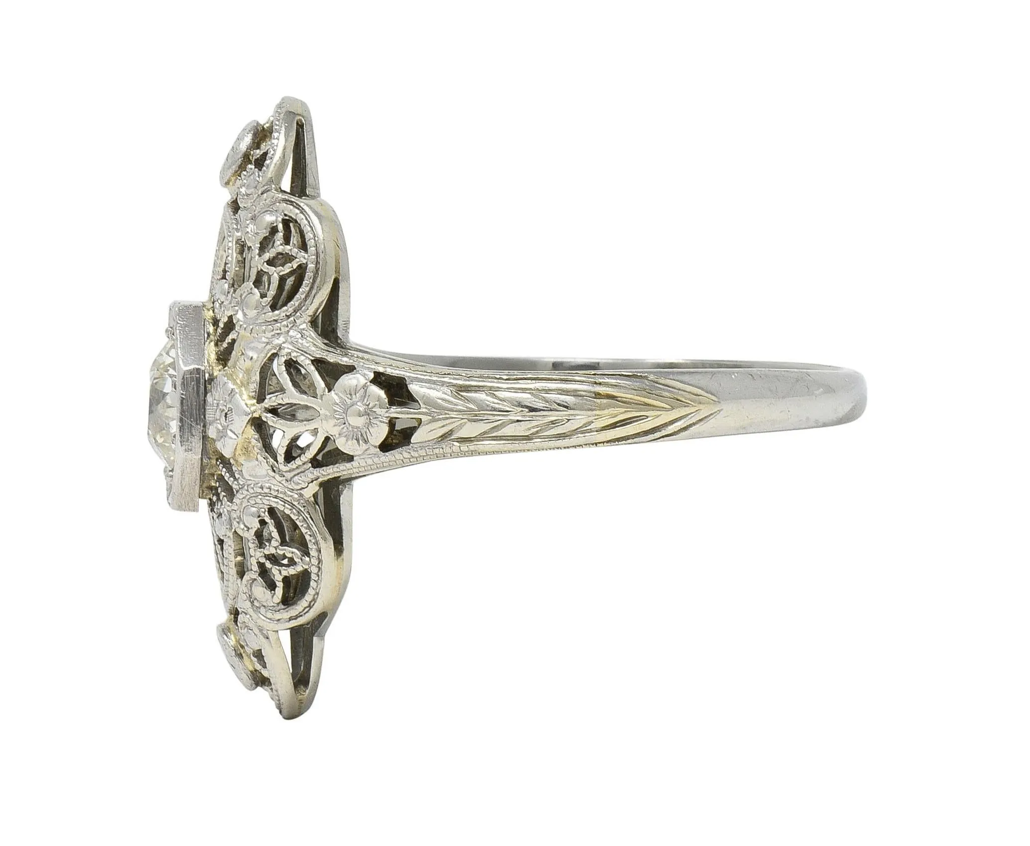 Art Deco Diamond 18 Karat White Gold Vintage Scrolling Orange Blossom Dinner Ring