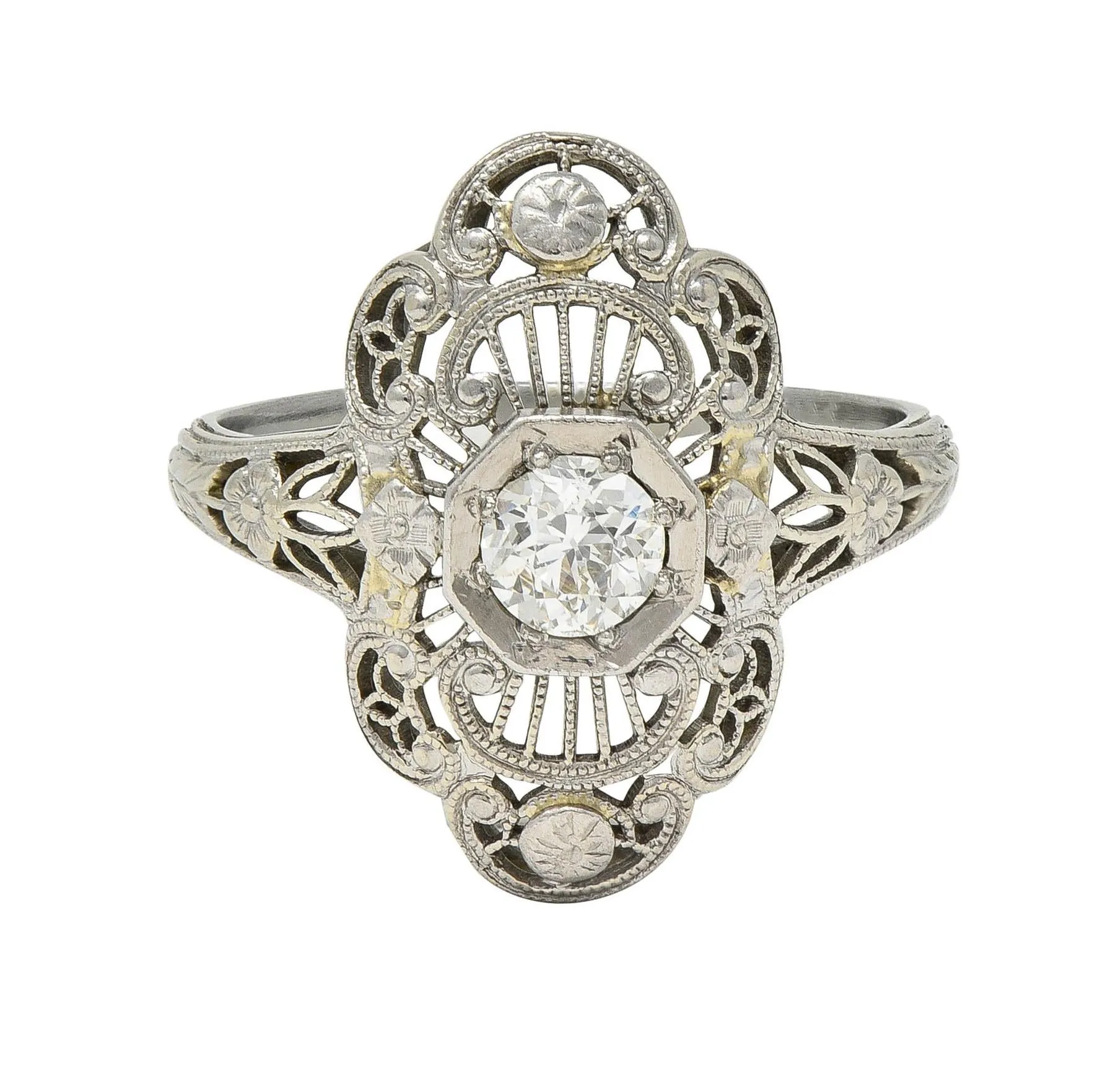 Art Deco Diamond 18 Karat White Gold Vintage Scrolling Orange Blossom Dinner Ring