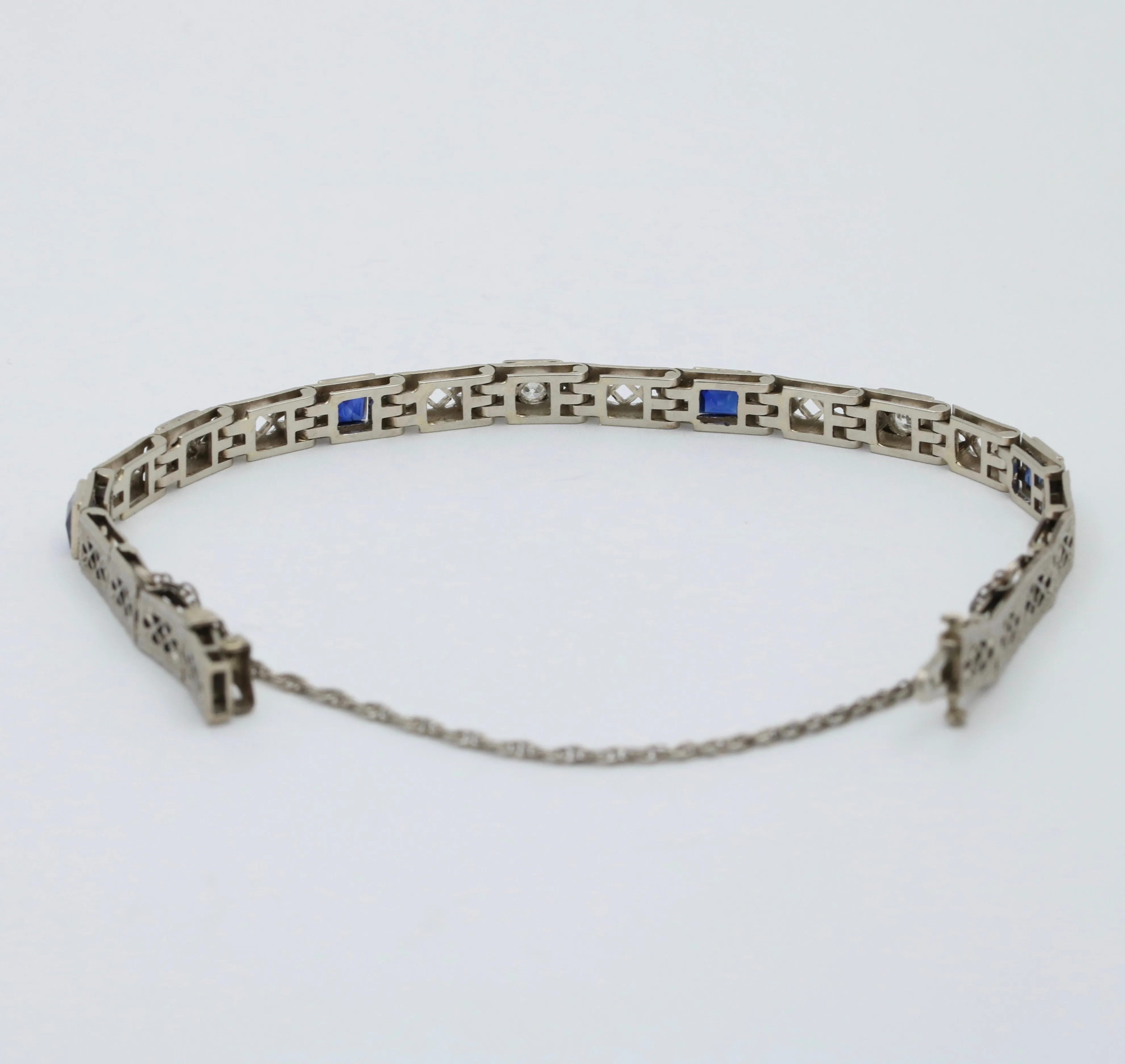 Art Deco Diamond and Man-Made Sapphire Filigree Bracelet