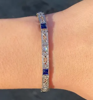 Art Deco Diamond and Man-Made Sapphire Filigree Bracelet