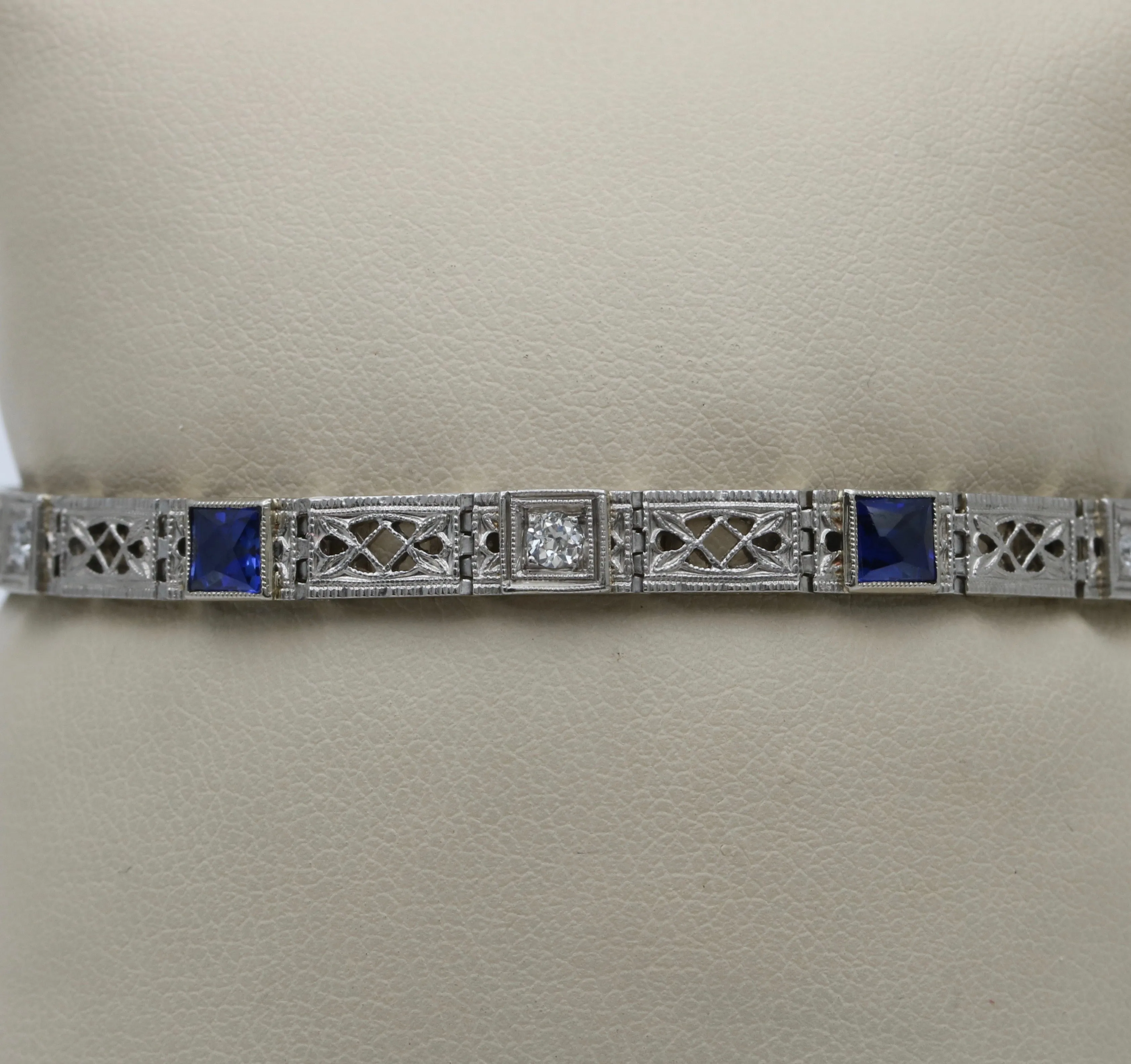 Art Deco Diamond and Man-Made Sapphire Filigree Bracelet