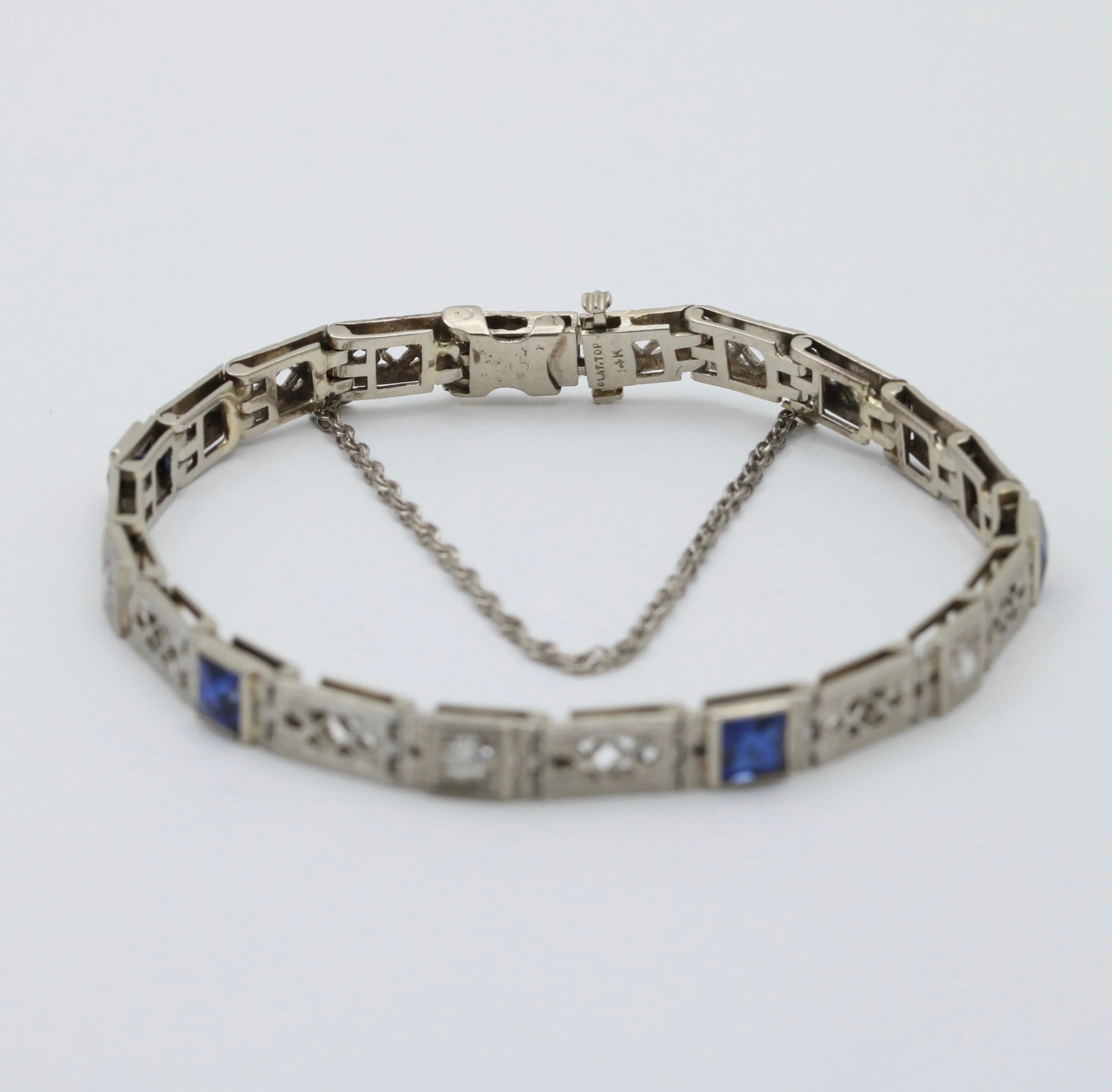 Art Deco Diamond and Man-Made Sapphire Filigree Bracelet