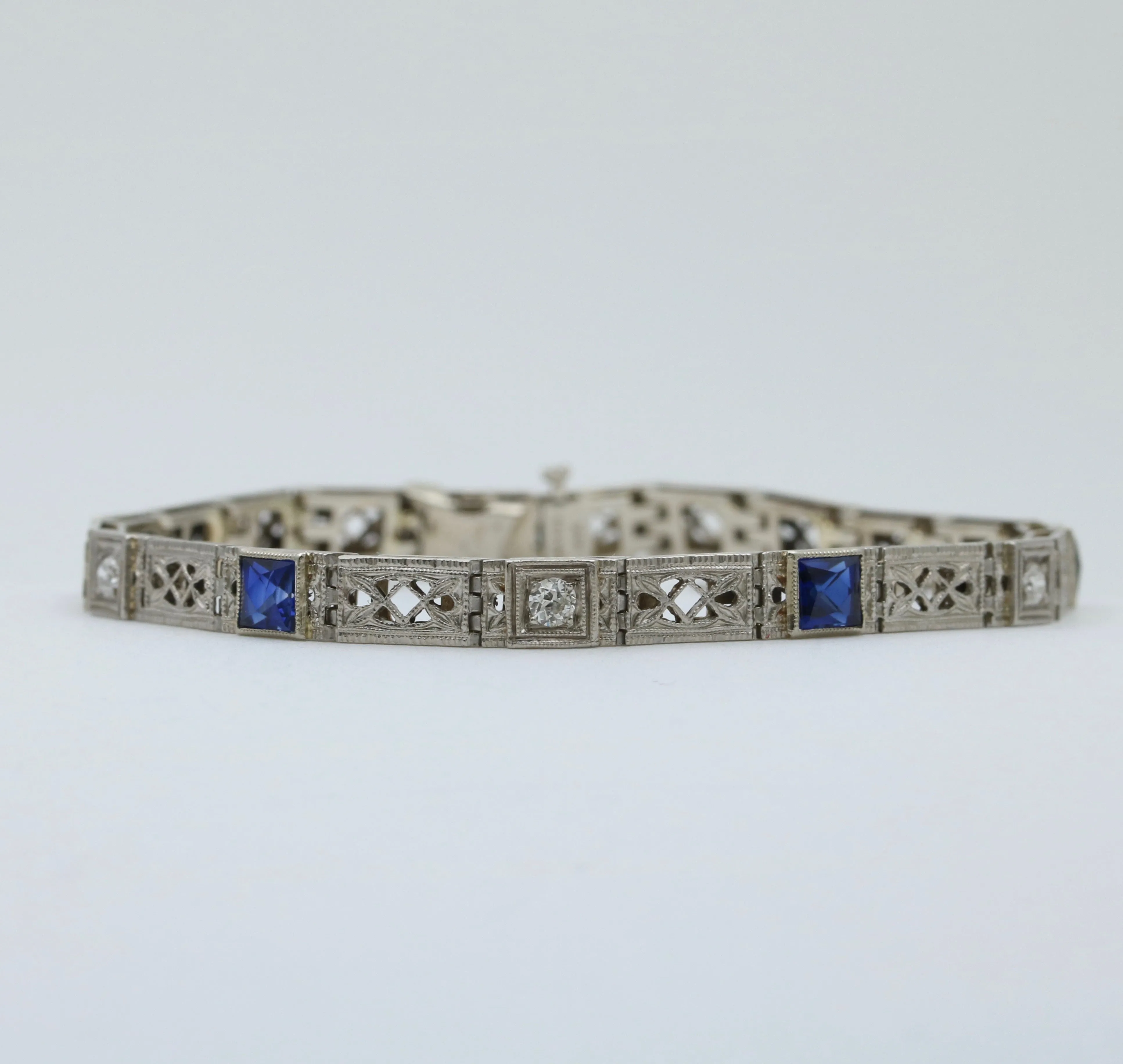 Art Deco Diamond and Man-Made Sapphire Filigree Bracelet