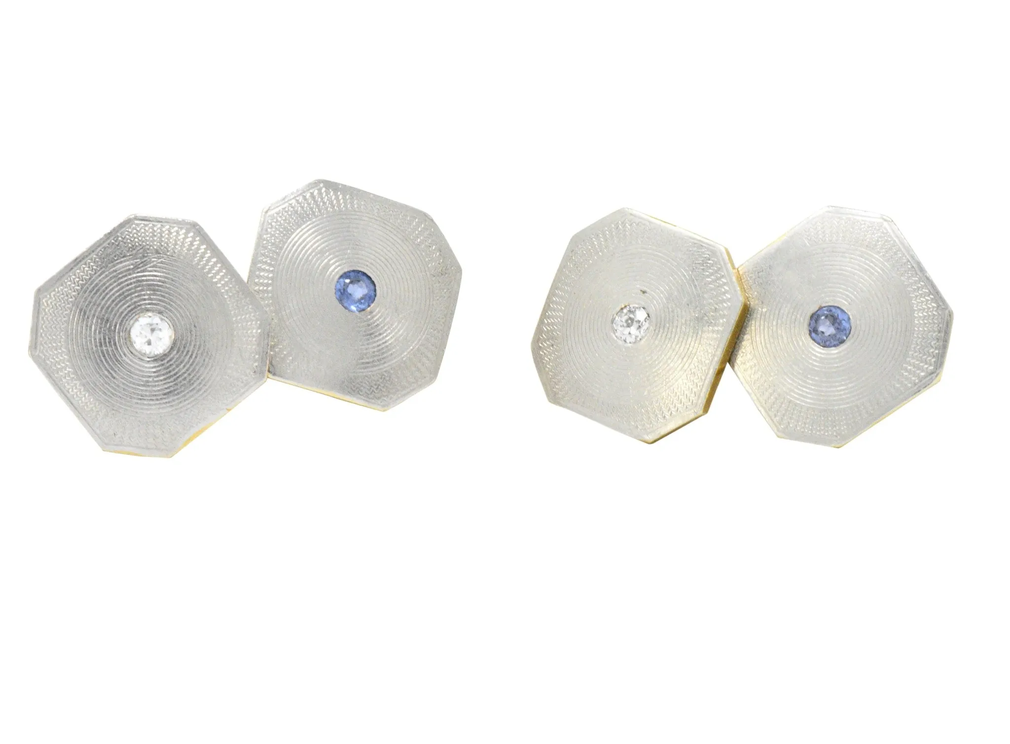 Art Deco Diamond Sapphire Platinum-Topped 14 Karat Gold Octagonal Cufflinks