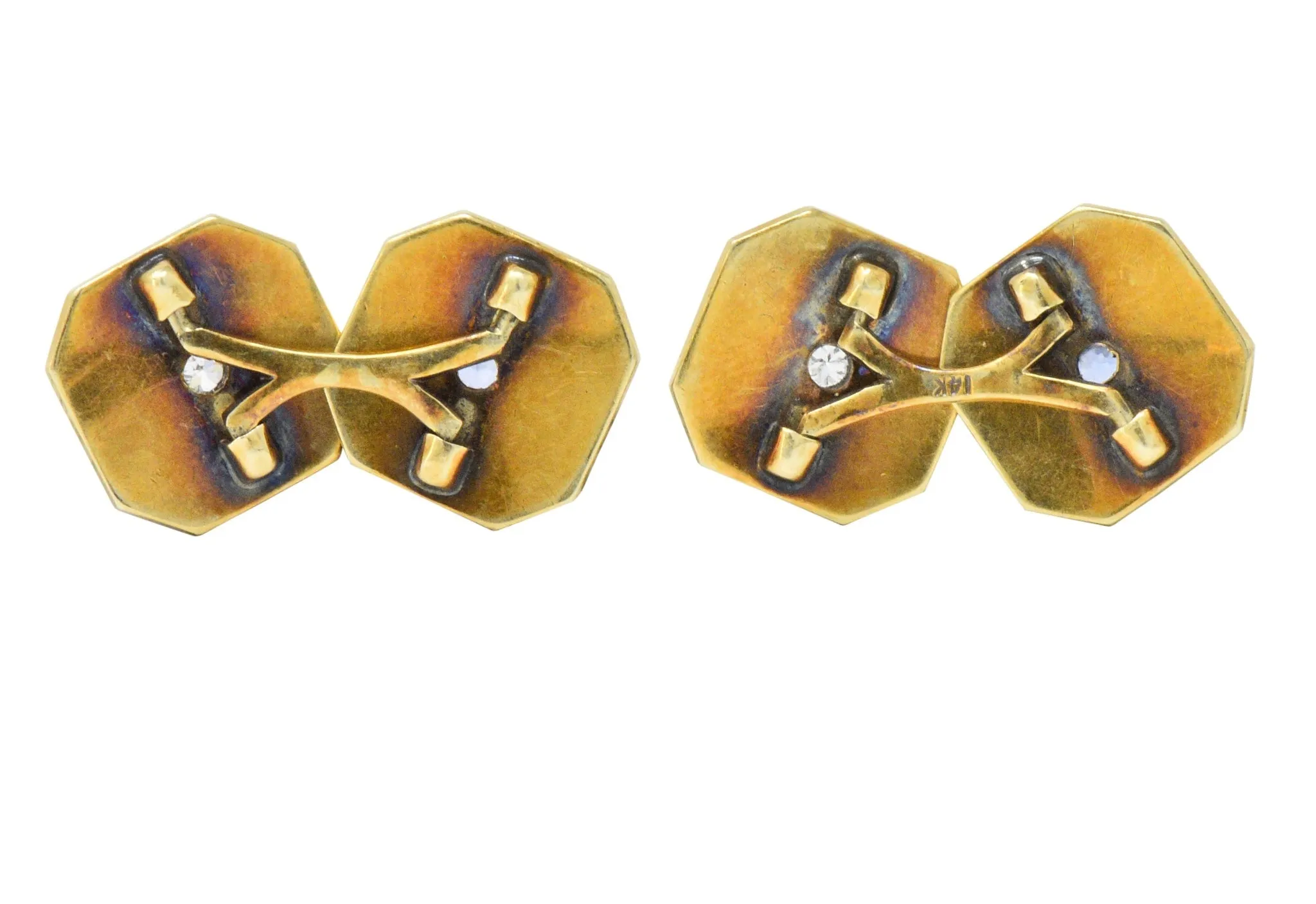Art Deco Diamond Sapphire Platinum-Topped 14 Karat Gold Octagonal Cufflinks