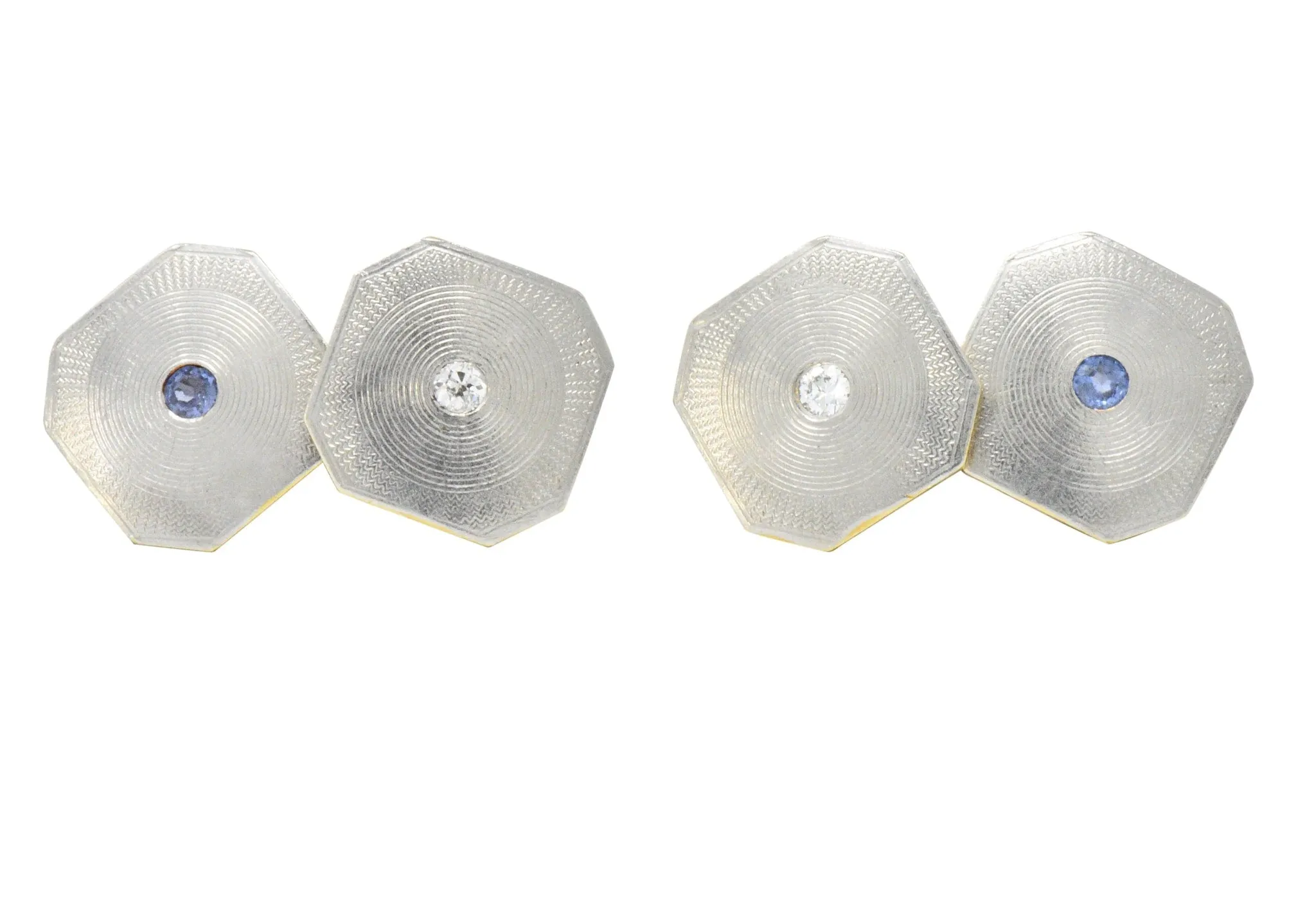 Art Deco Diamond Sapphire Platinum-Topped 14 Karat Gold Octagonal Cufflinks