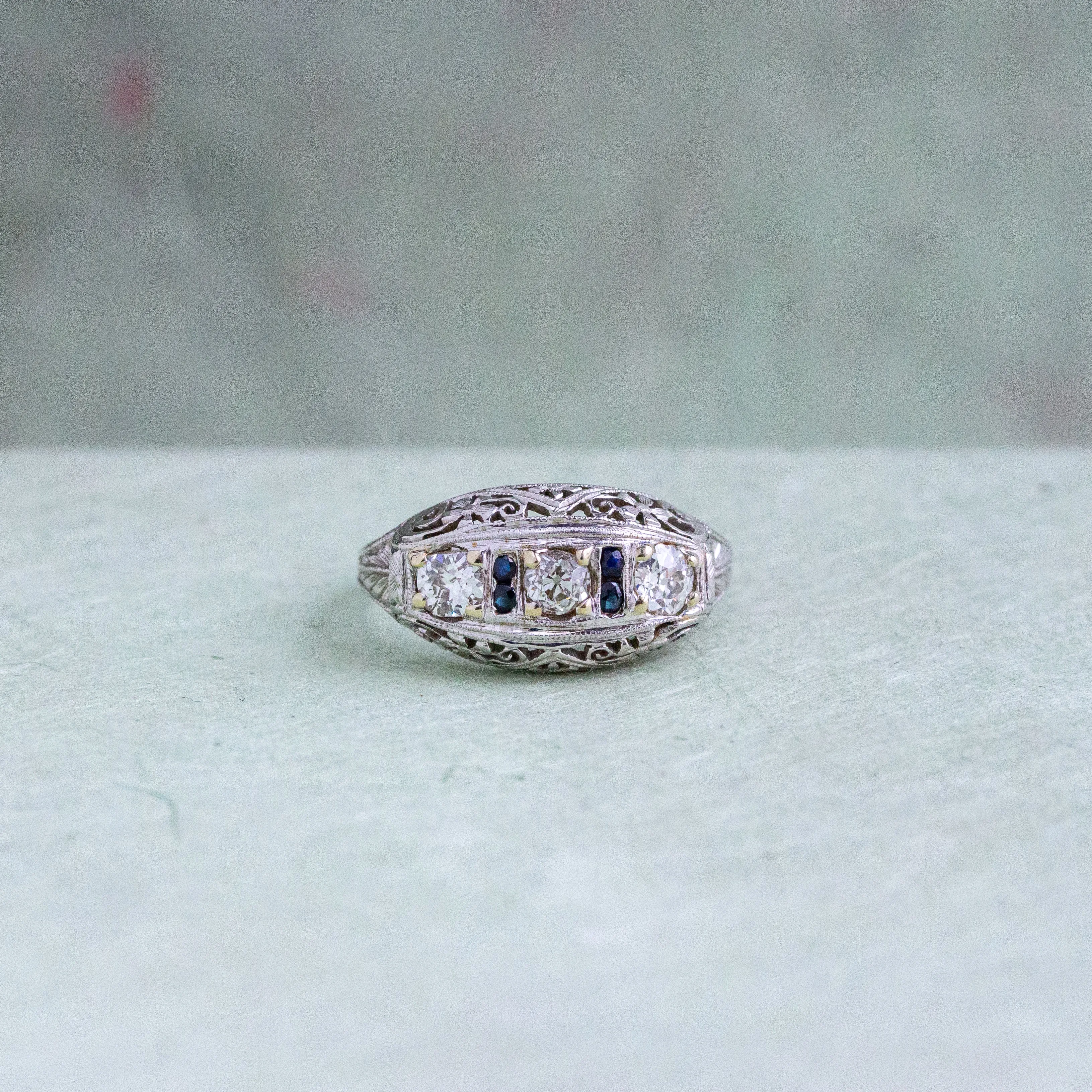 Art Deco Diamond Three Stone Filigree Ring with Sapphires, 18k