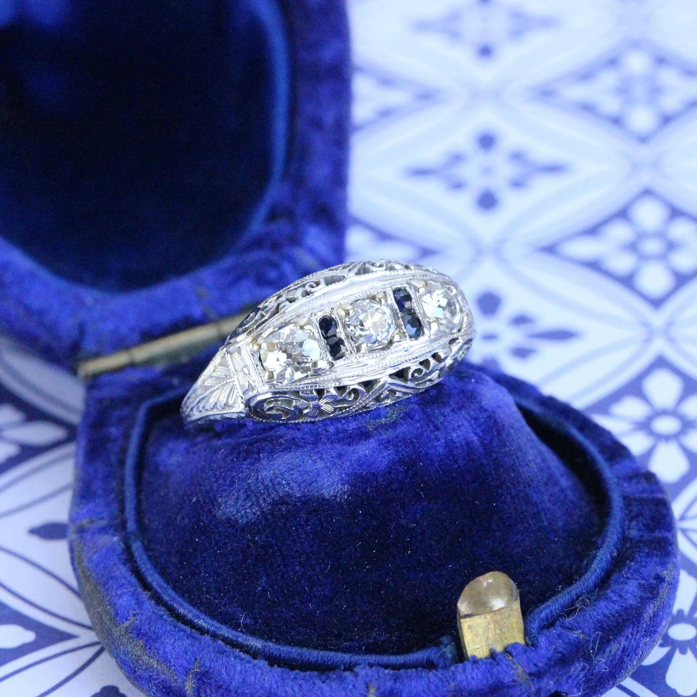 Art Deco Diamond Three Stone Filigree Ring with Sapphires, 18k