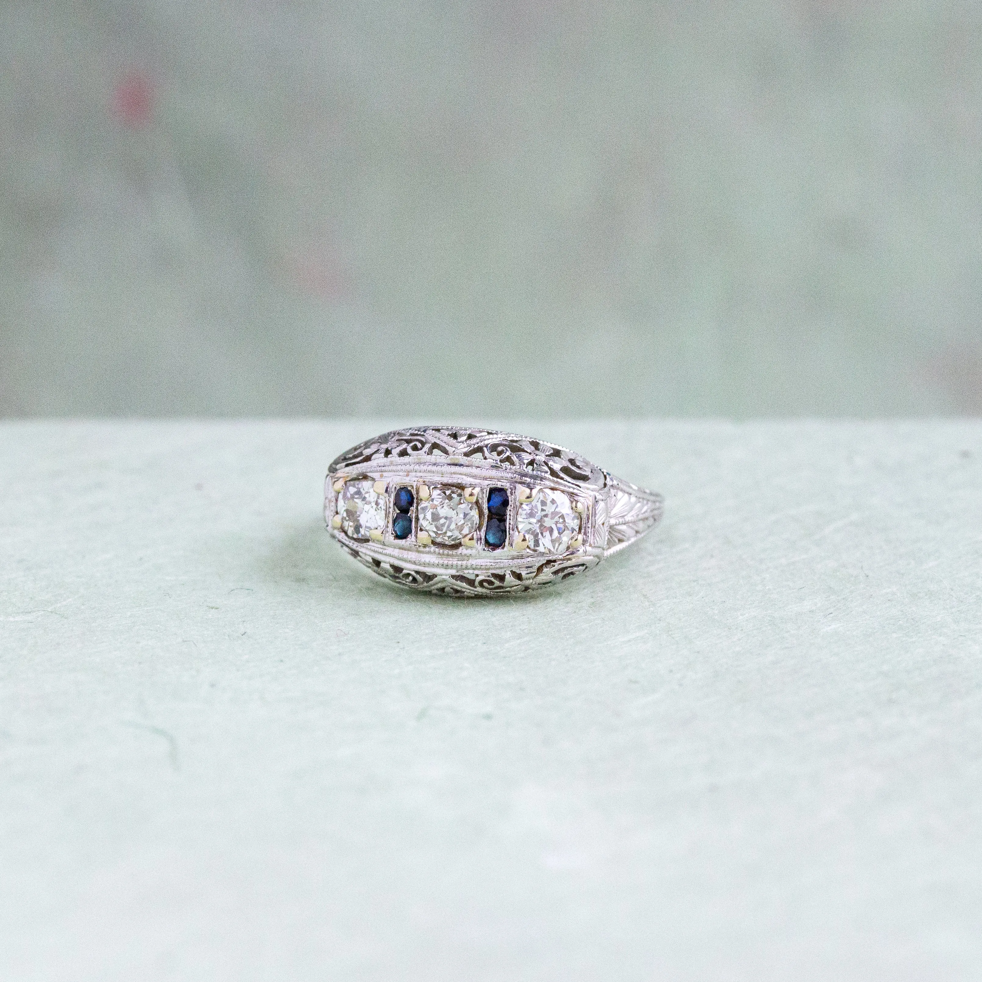 Art Deco Diamond Three Stone Filigree Ring with Sapphires, 18k